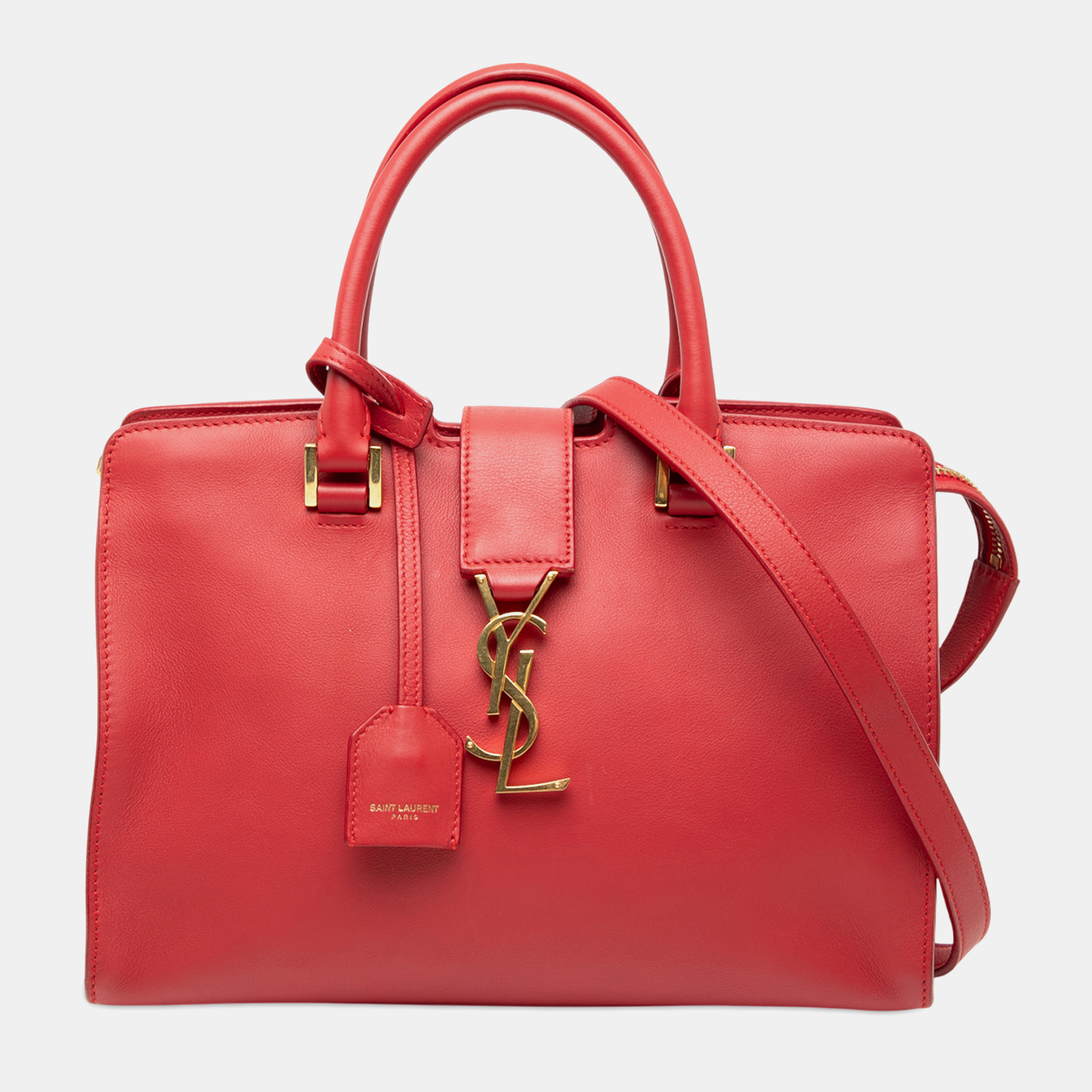 

Saint Laurent Paris Red Baby Leather Monogram Downtown Cabas Satchel