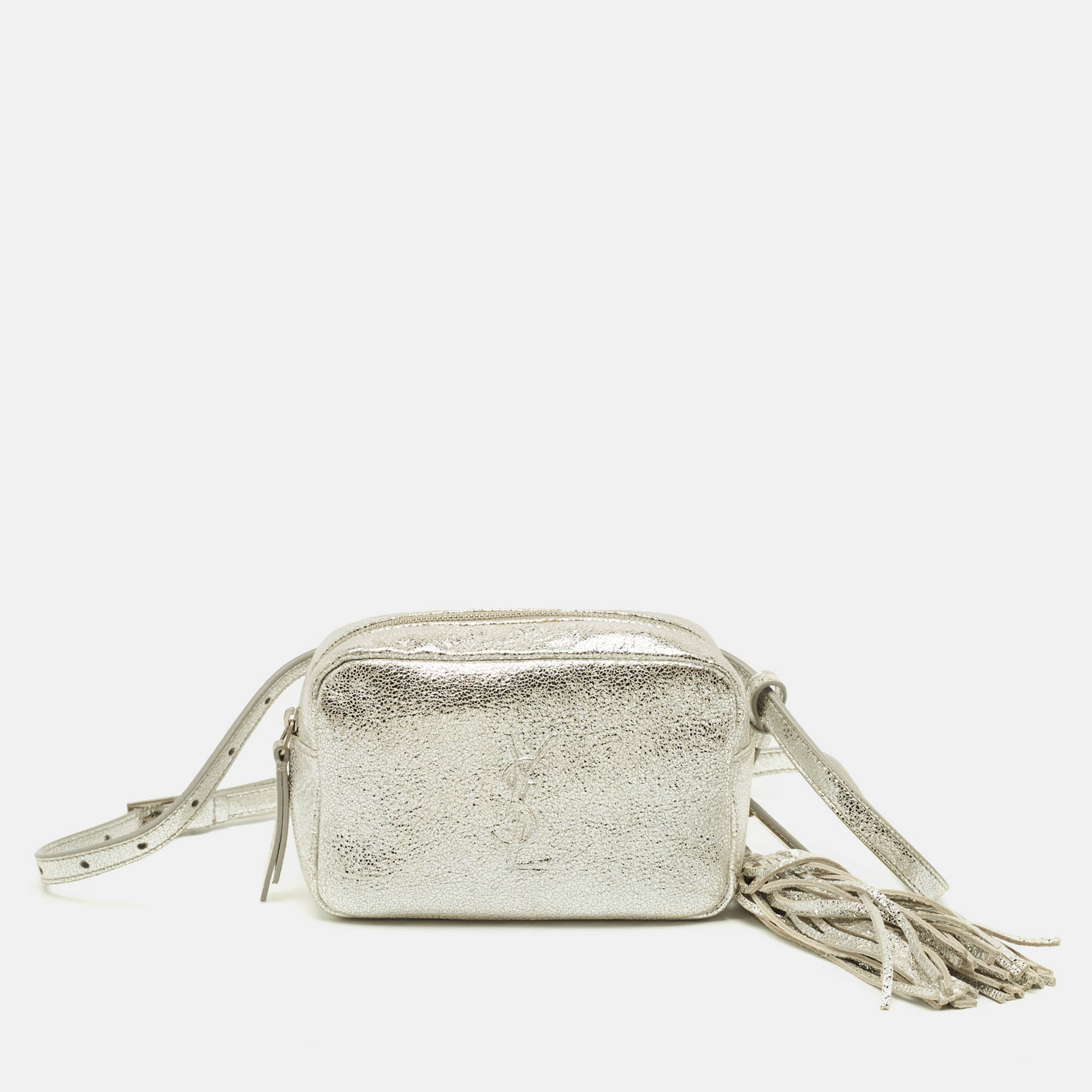 

Saint Laurent Lou Silver Crackled Leather Convertible Belt Bag