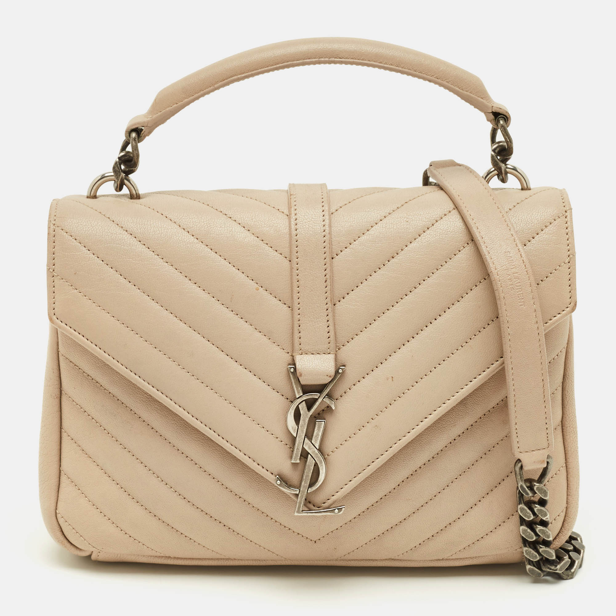 

Saint Laurent College Medium Beige Matelassé Leather Top Handle Bag