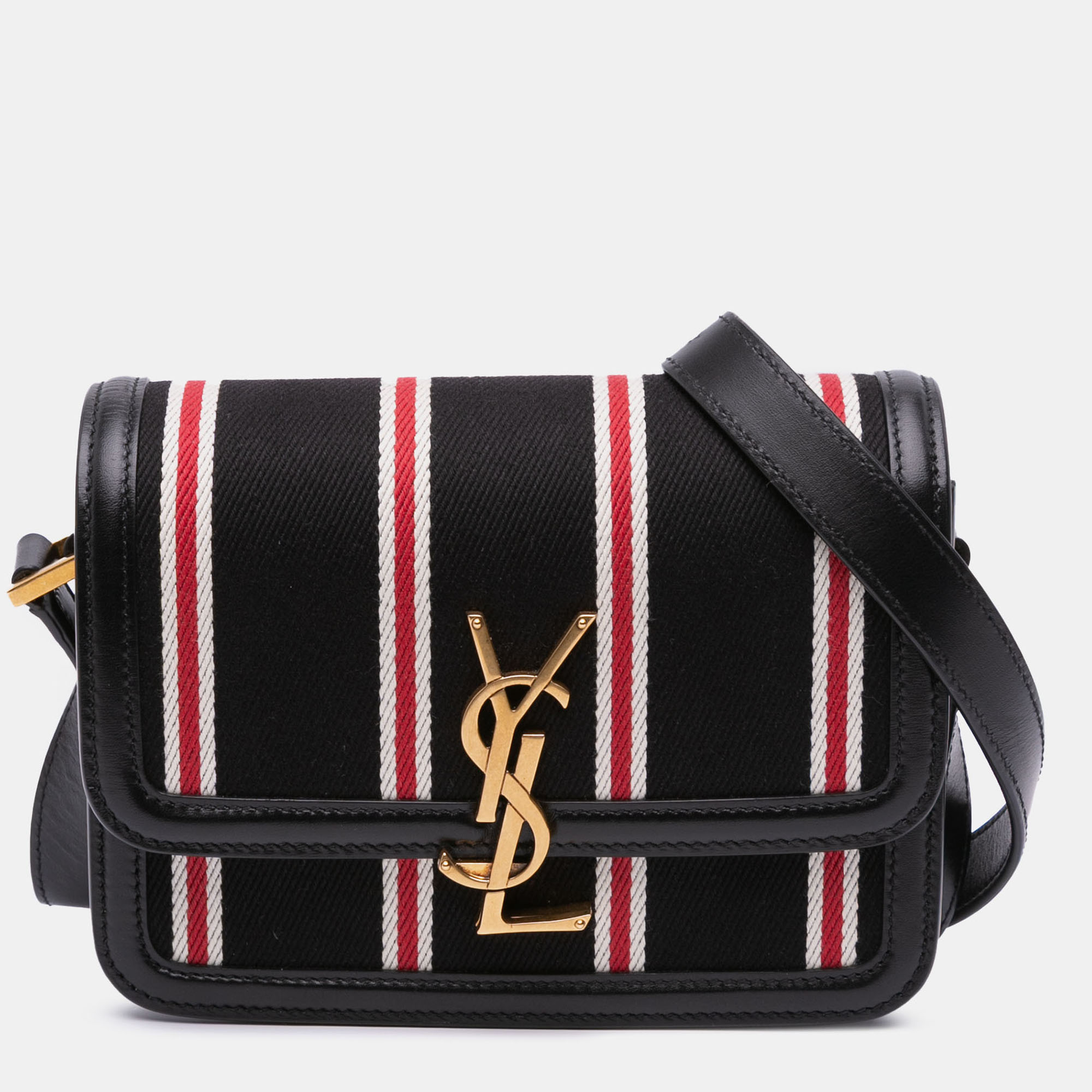 

Saint Laurent Paris Black Small Canvas Striped Solferino Satchel In Box