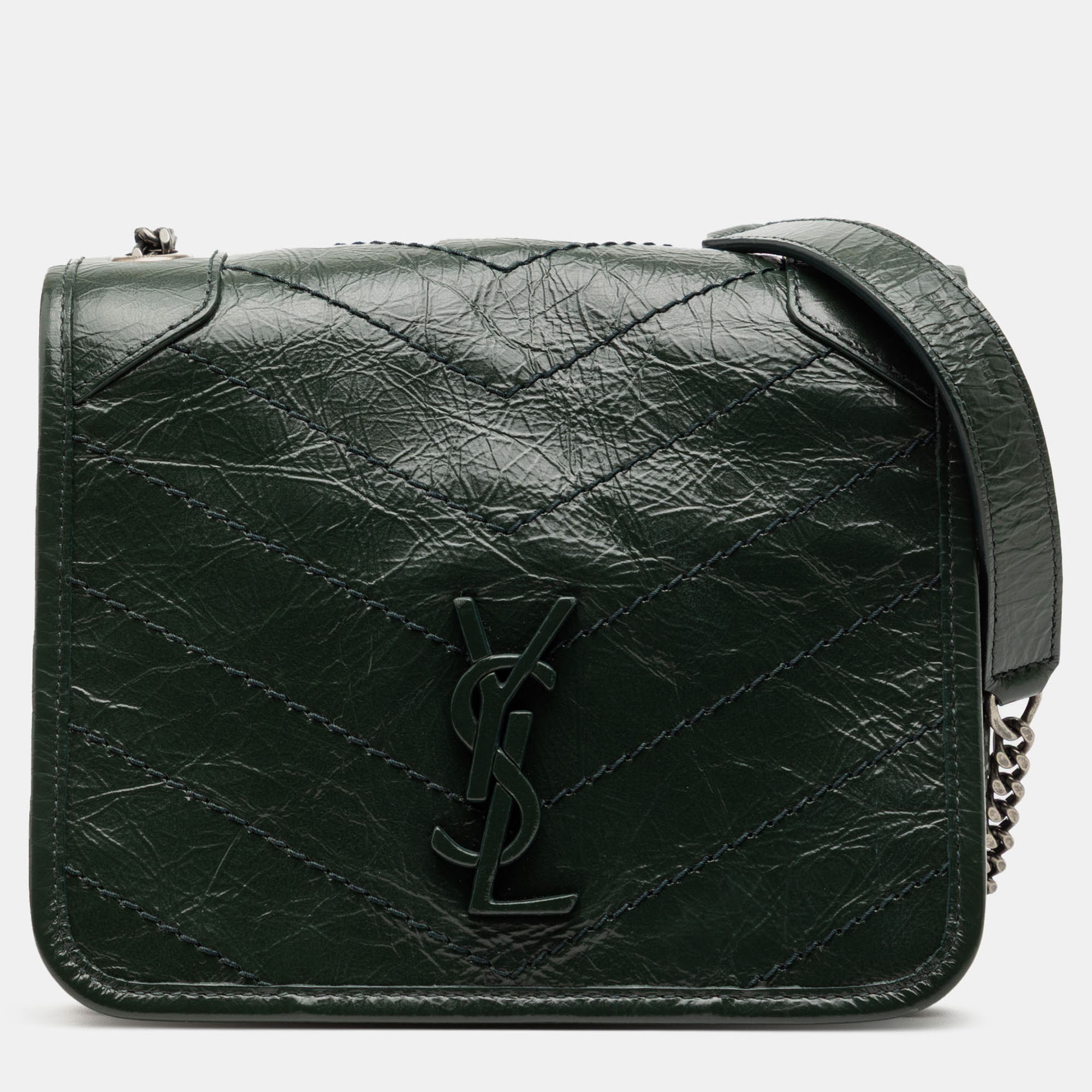 

Saint Laurent Paris Green Crinkled Calfskin Niki Wallet on Chain