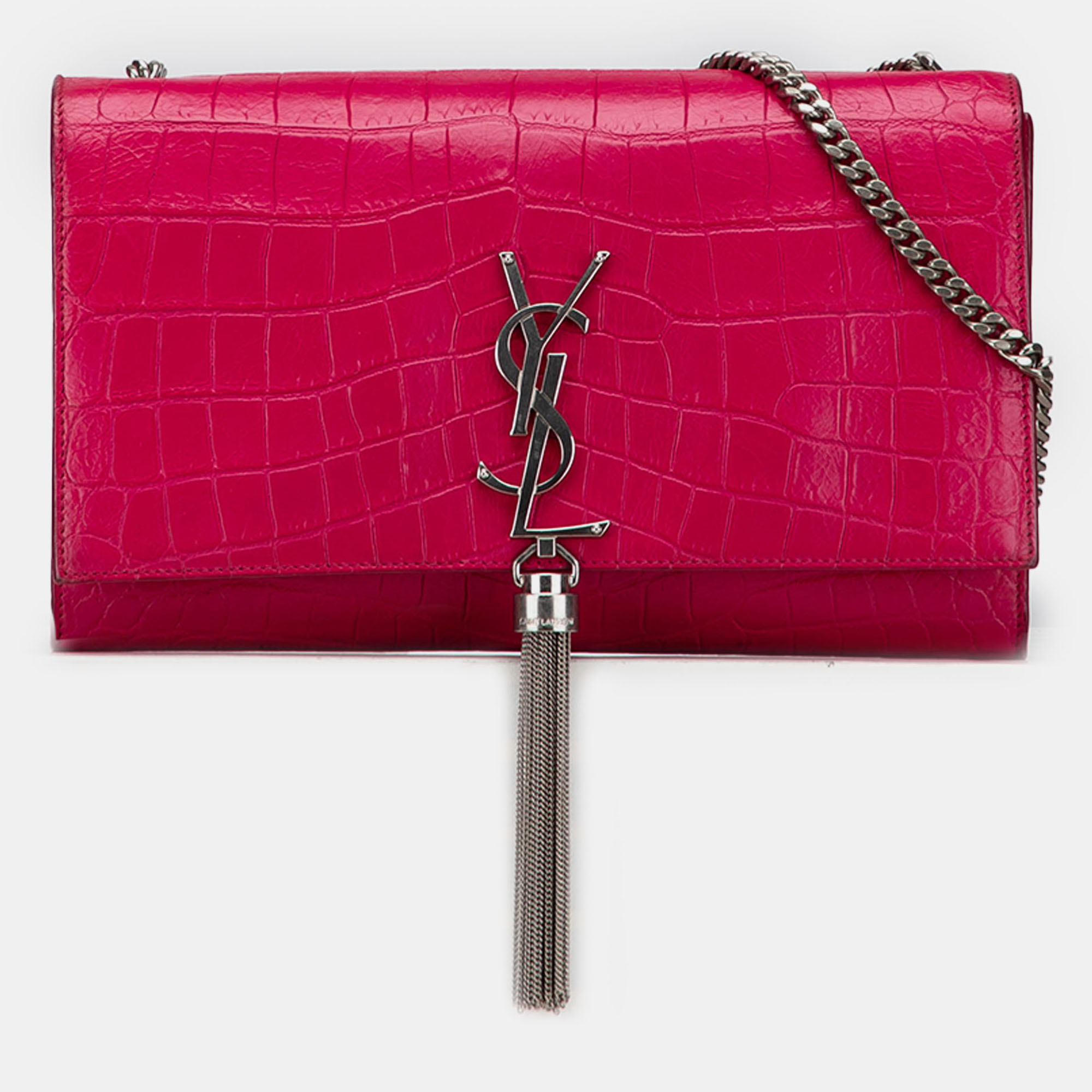 

Saint Laurent Paris Pink Medium Croc Embossed Leather Kate Tassel Crossbody