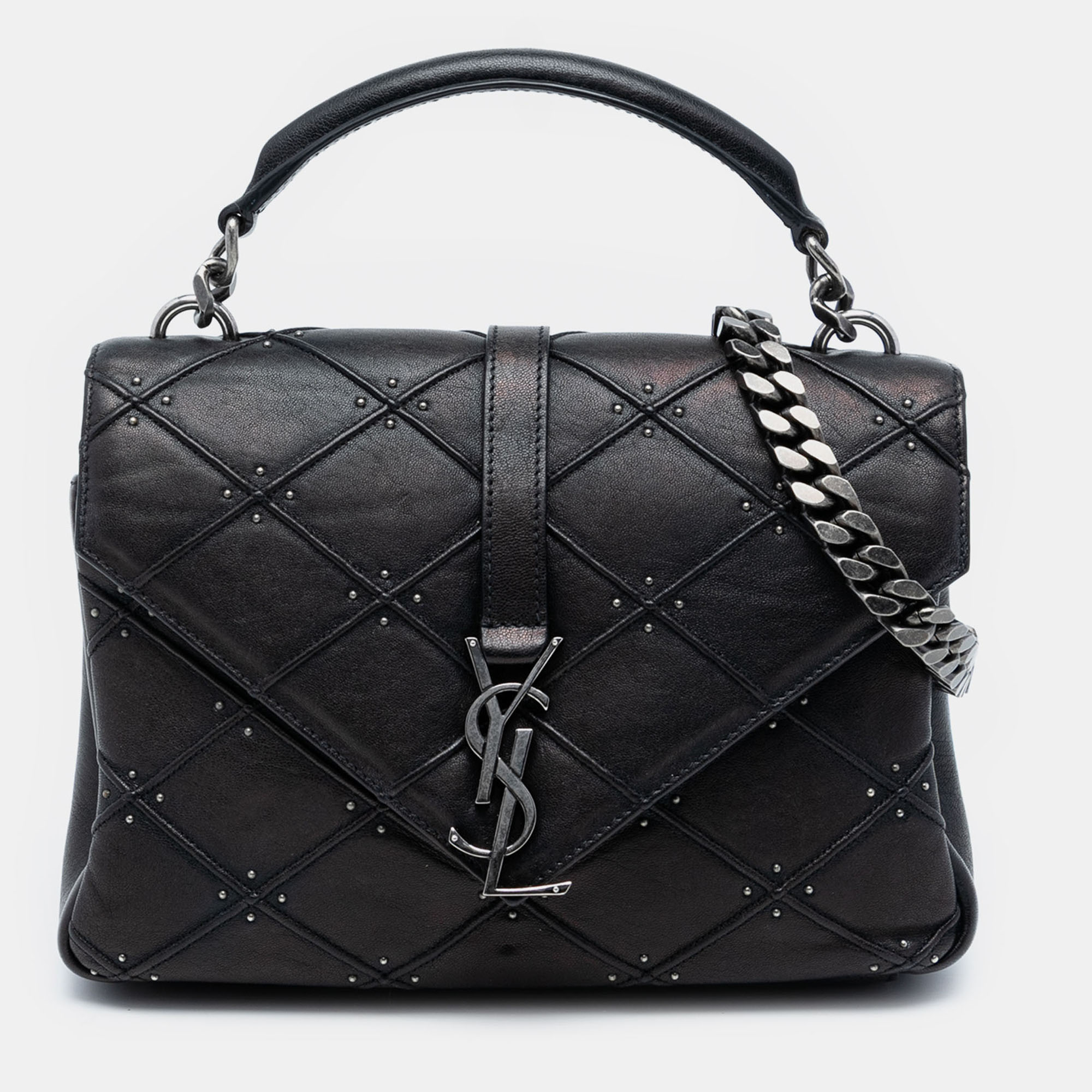 

Saint Laurent Paris Black Medium Quilted Diamond Iridescent Calfskin Monogram Studded College Satchel