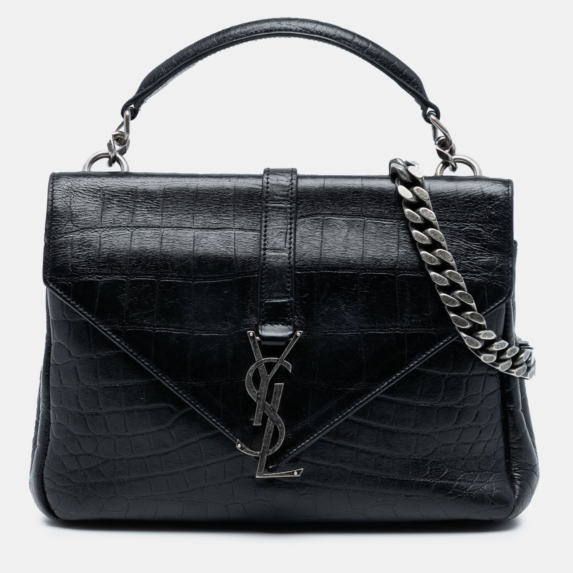 

Saint Laurent Paris Black Medium Croc Embossed Leather College Satchel