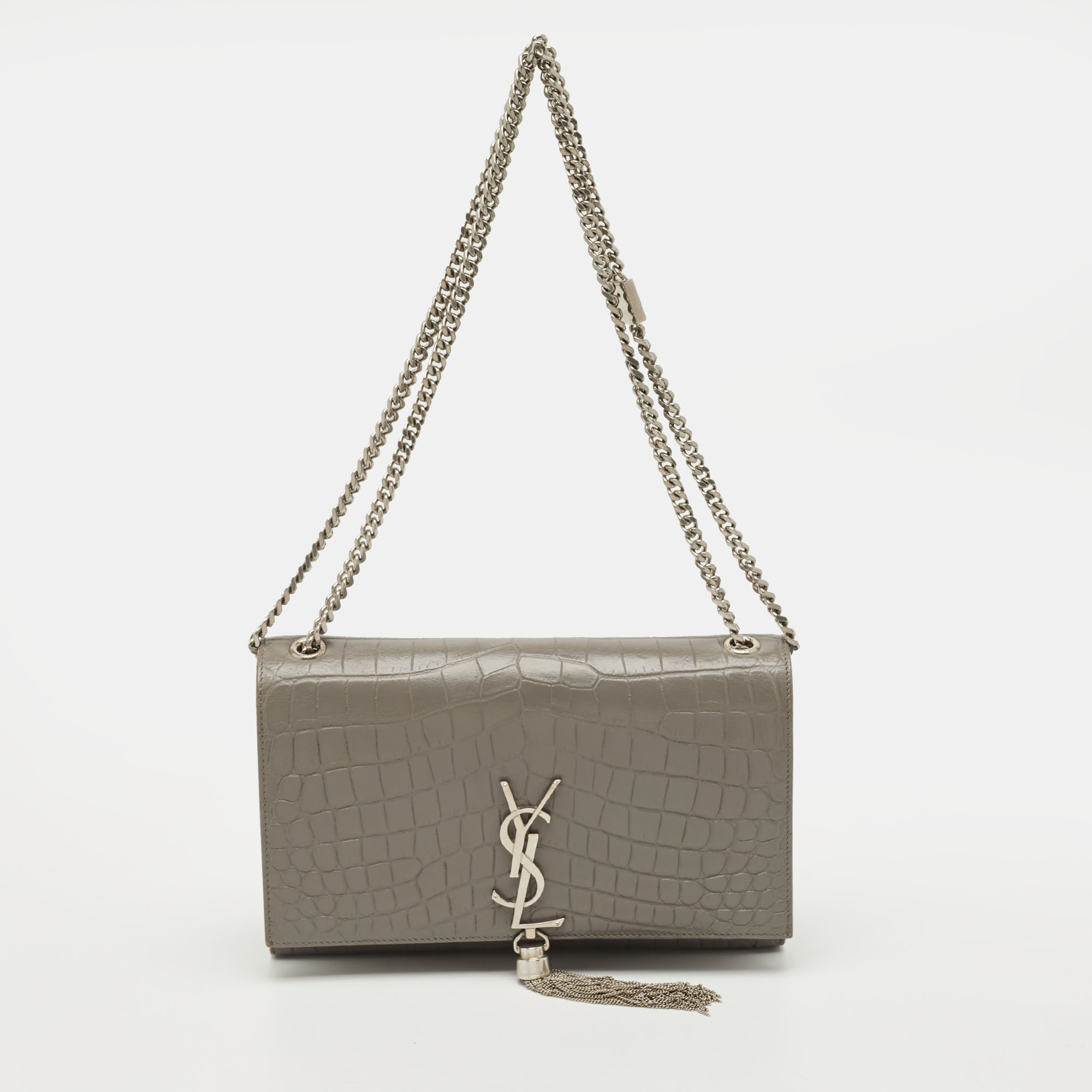 

Saint Laurent Kate Tassel Medium Grey Croc Embossed Leather Shoulder Bag