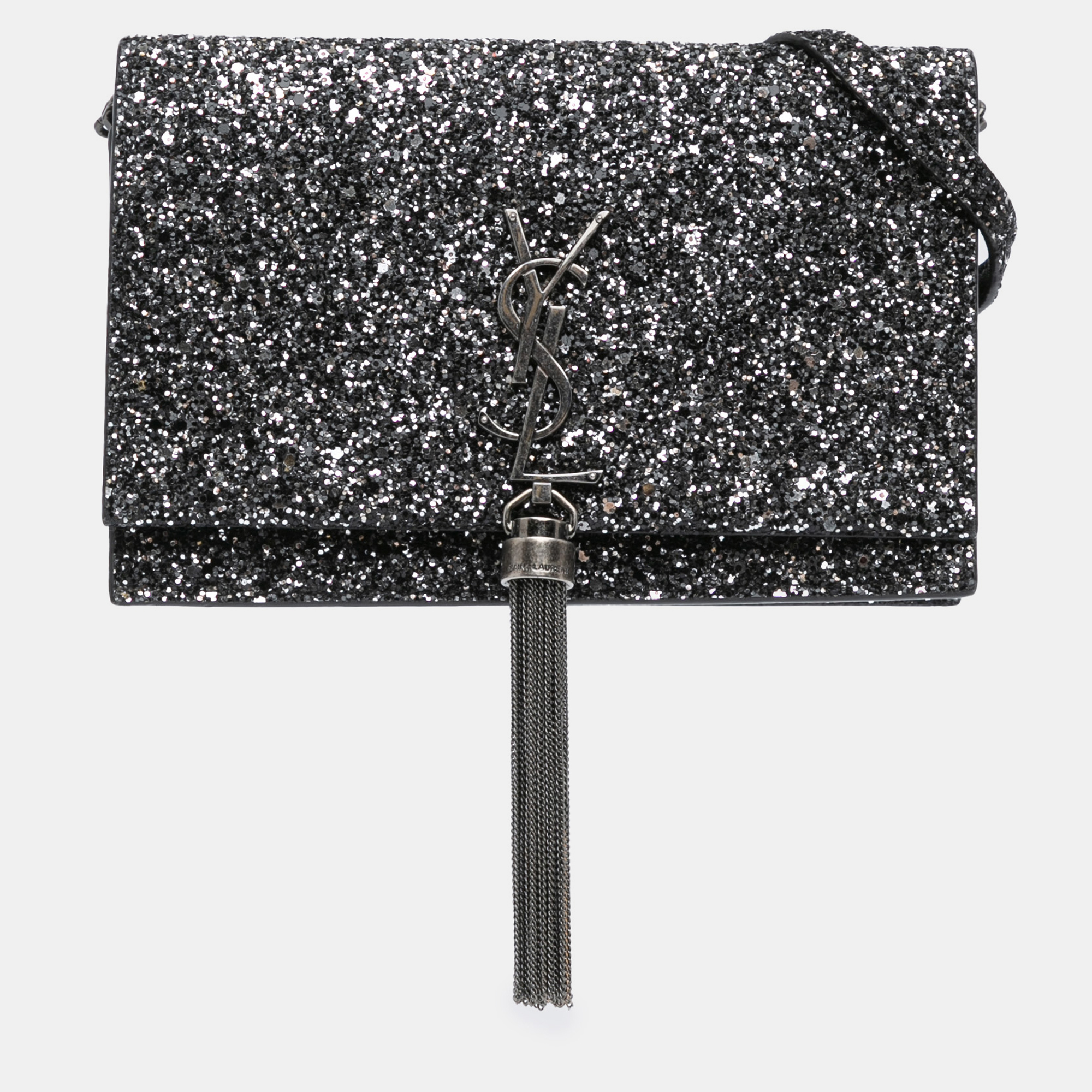 

Saint Laurent Paris Black Metallic Glitter Monogram Kate Tassel Chain Wallet