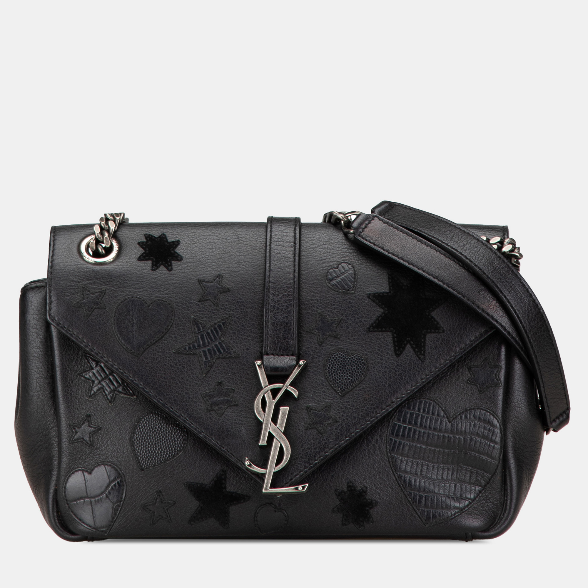 

Saint Laurent Paris Black Medium Monogram Heart Patchwork Chain Wallet