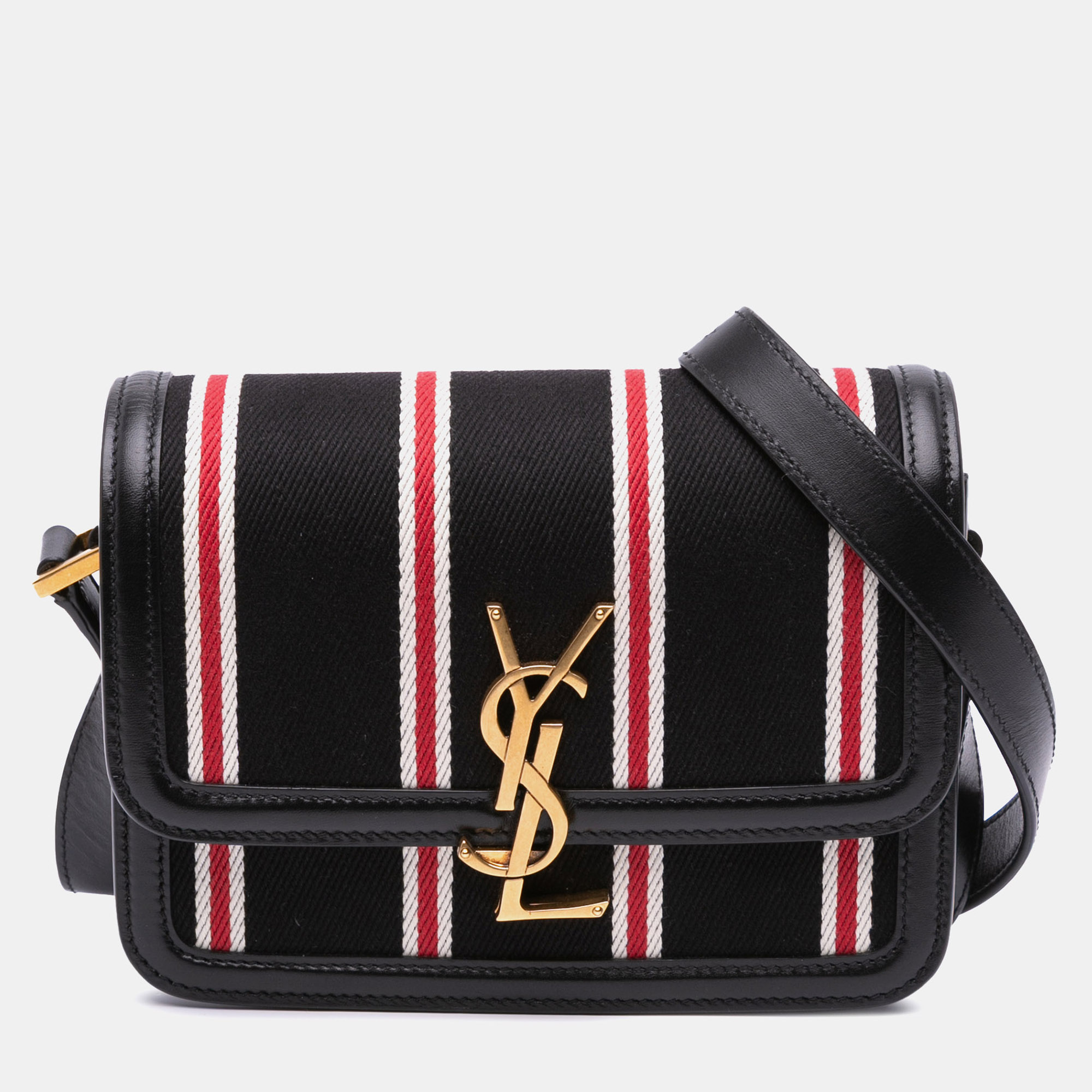 

Saint Laurent Paris Black Small Canvas Striped Solferino Satchel In Box