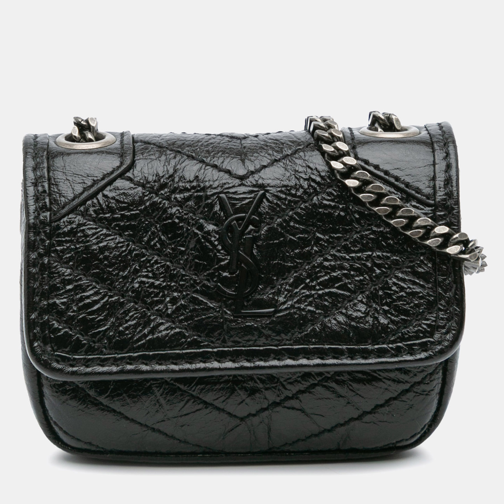 

Saint Laurent Paris Black Micro Crinkled Leather Niki Airpods Case with Chain