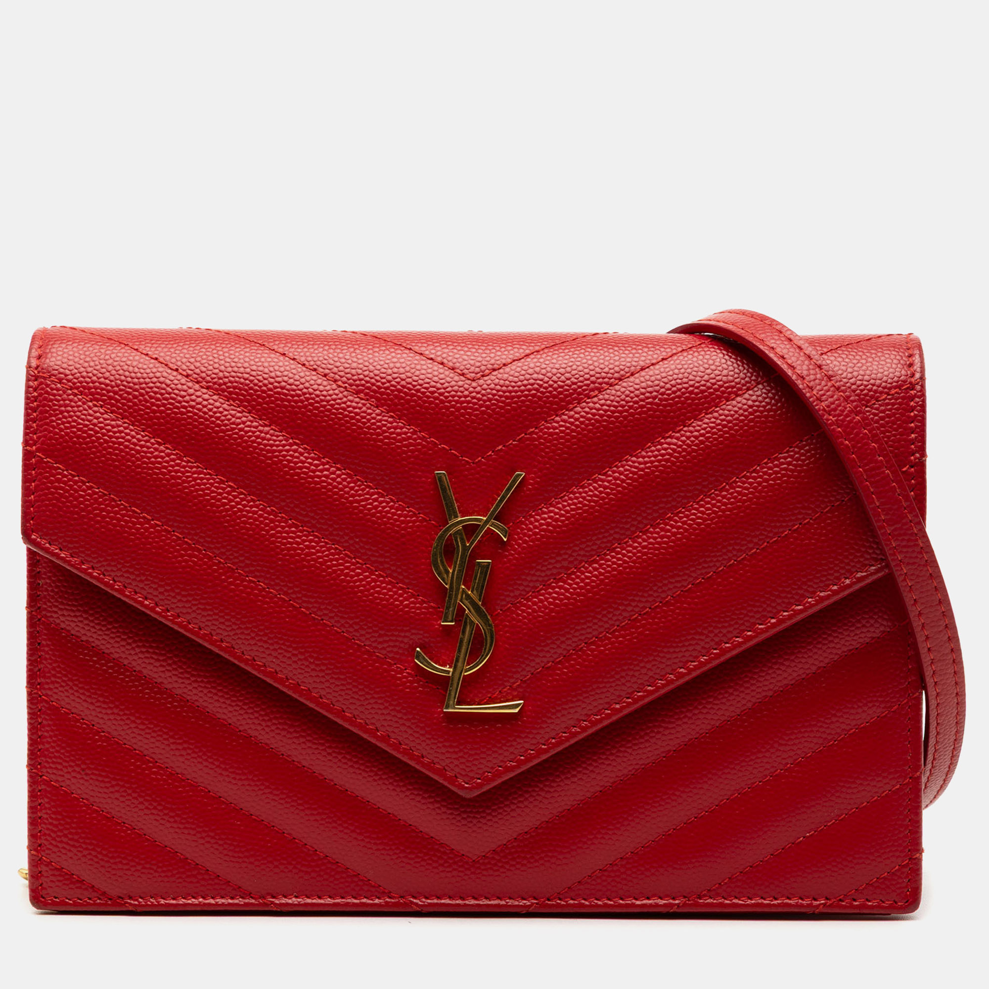 

Saint Laurent Paris Red Grain De Poudre Matelasse Chevron Monogram Chain Wallet