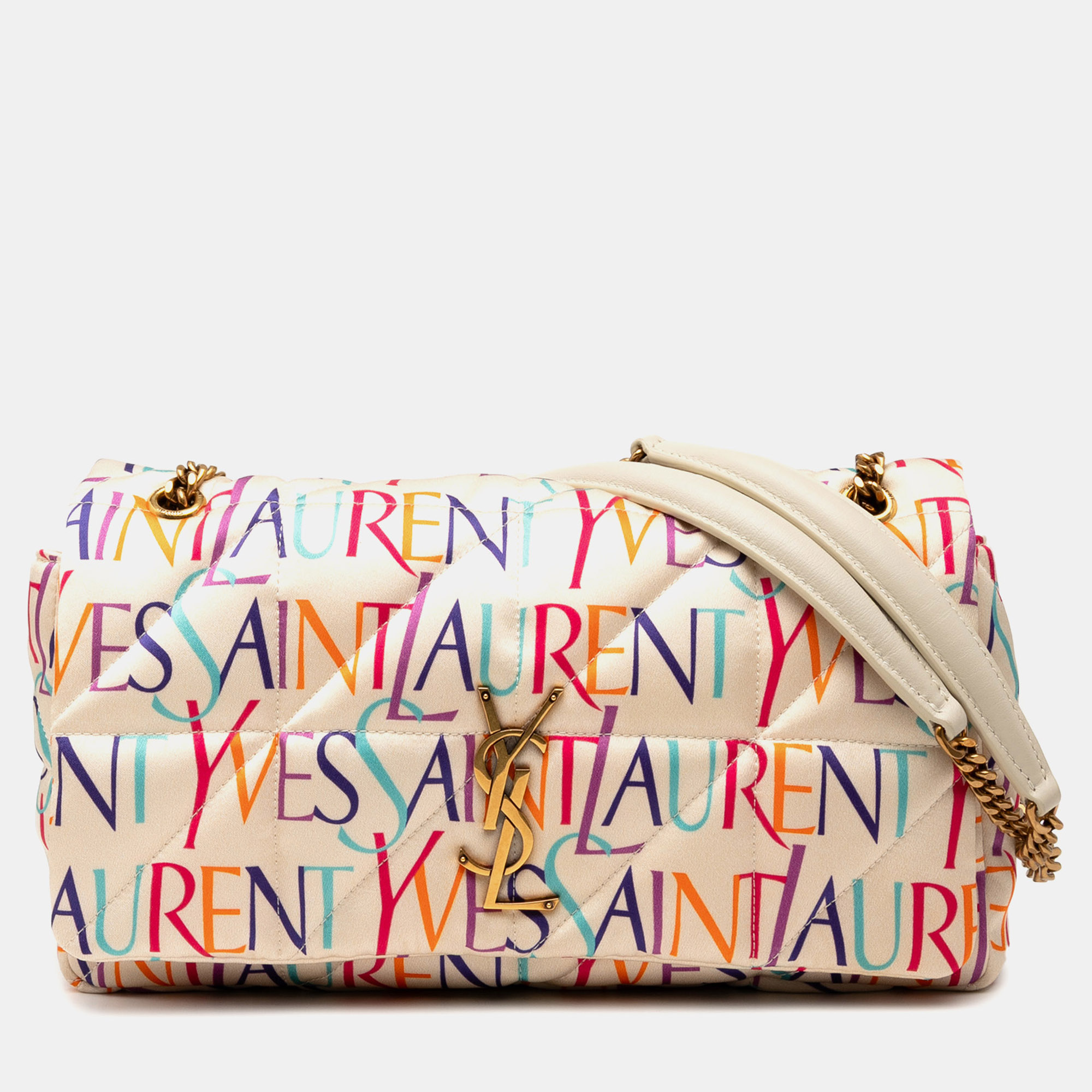 

Saint Laurent Paris White Medium Silk Carre Rive Gauche Print Patchwork Jamie Shoulder Bag