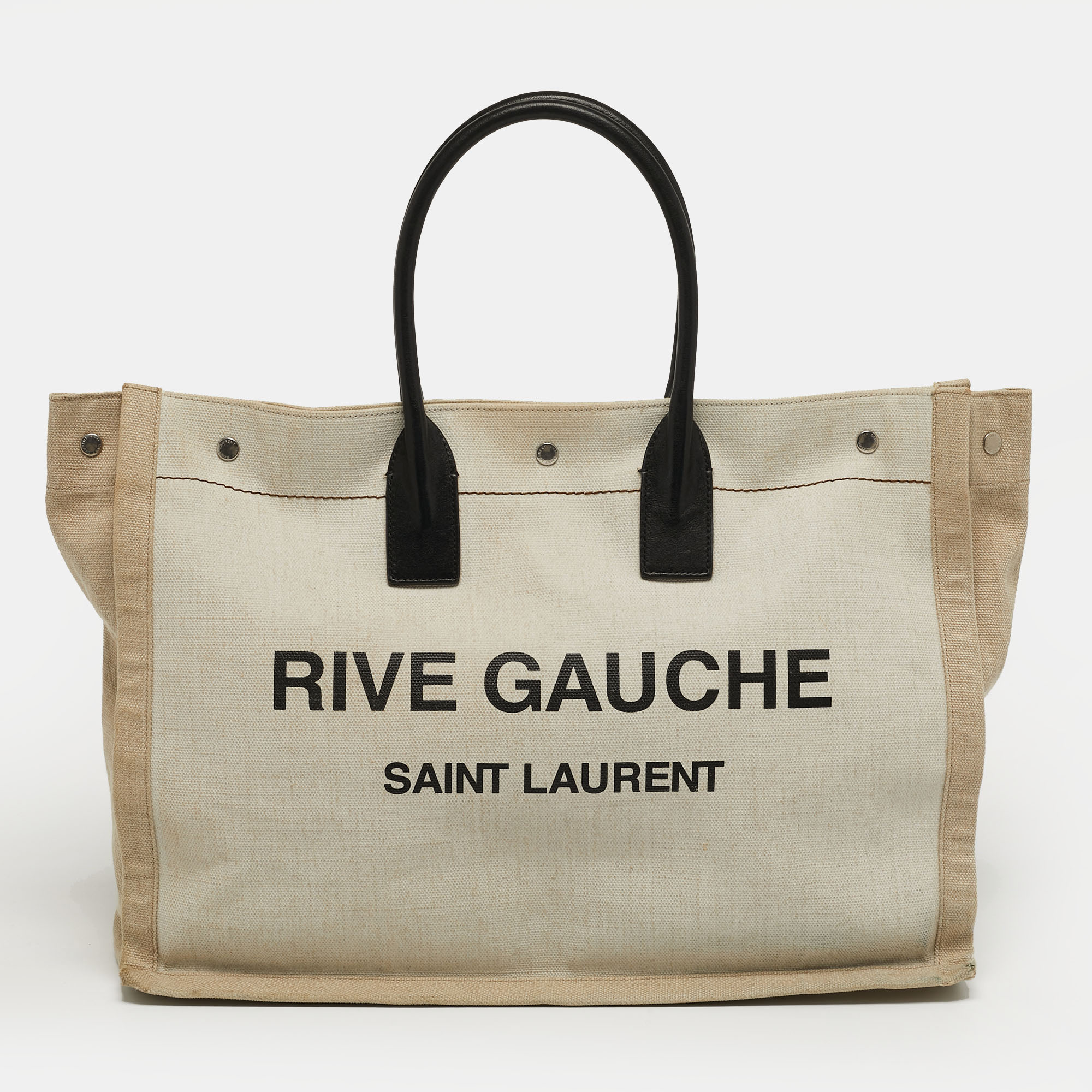 

Saint Laurent Rive Gauche Shopper Tricolor Canvas and Leather Tote, Beige