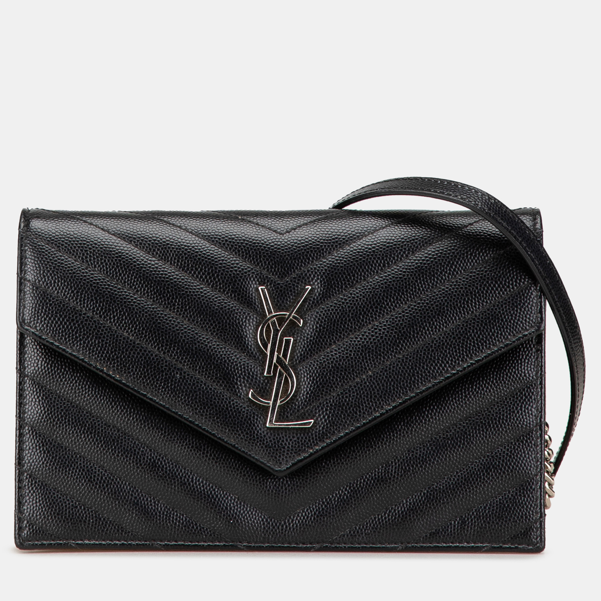 

Saint Laurent Paris Black Grain De Poudre Matelasse Chevron Monogram Chain Wallet