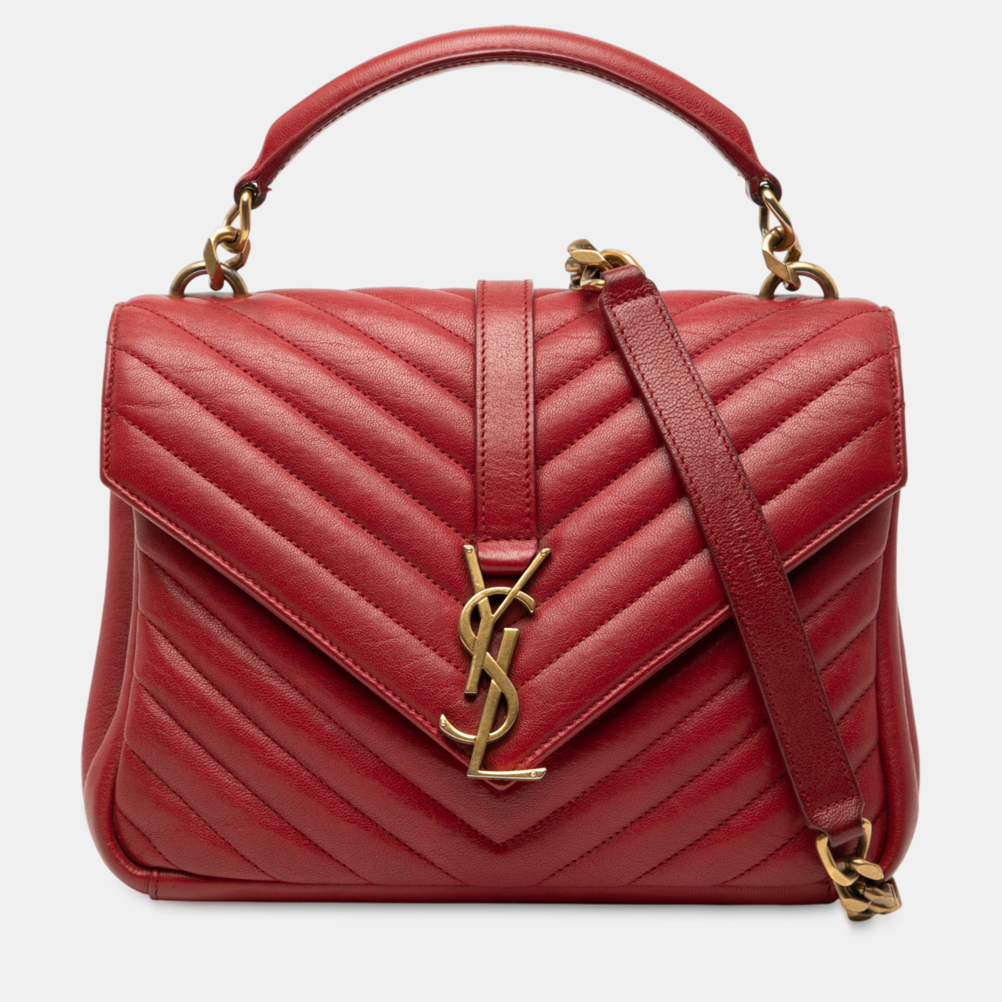 

Saint Laurent Paris Red Medium Quilted Chevron Sheepskin College Satchel