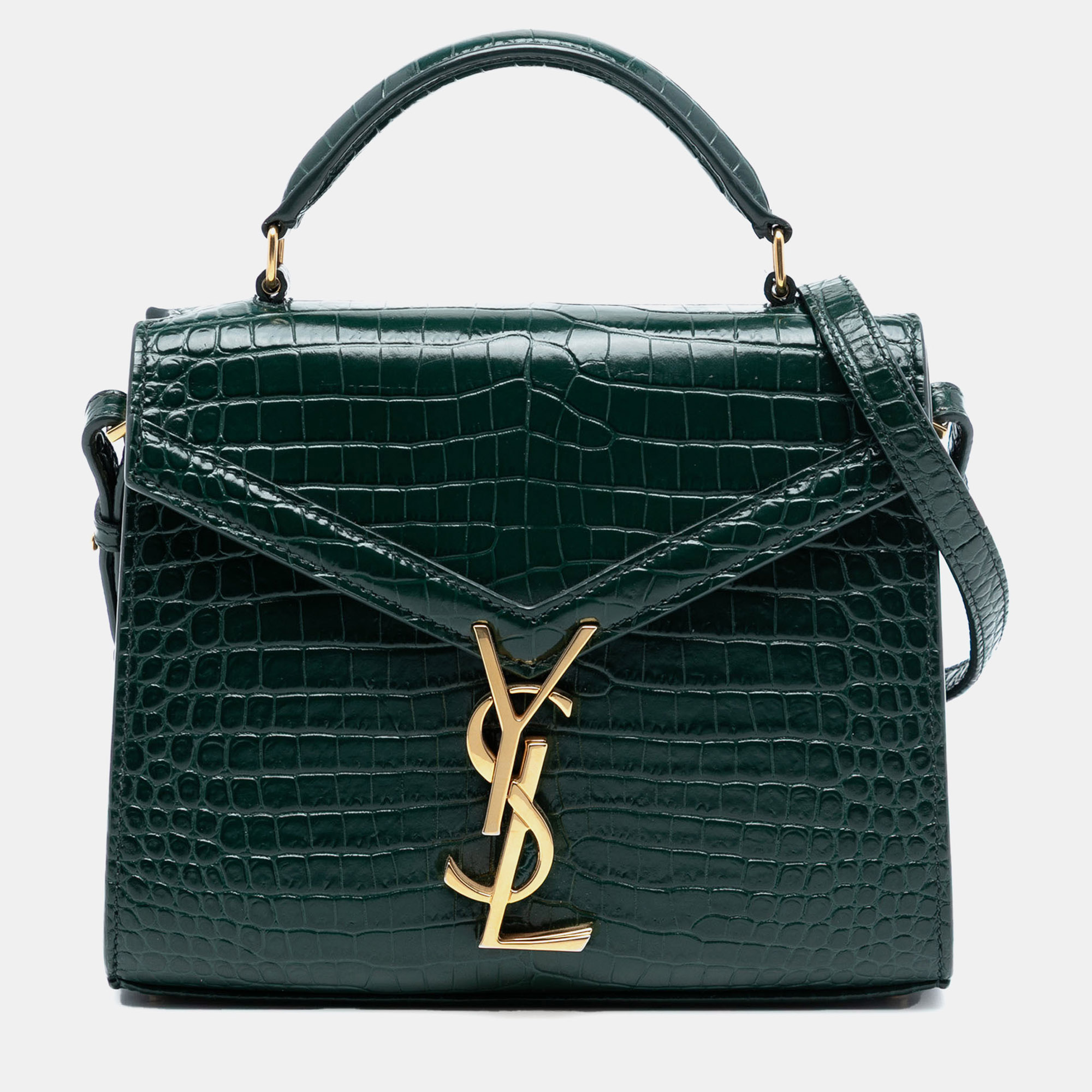 

Saint Laurent Paris Green Mini Croc Embossed Calfskin Monogram Cassandra Top Handle Bag