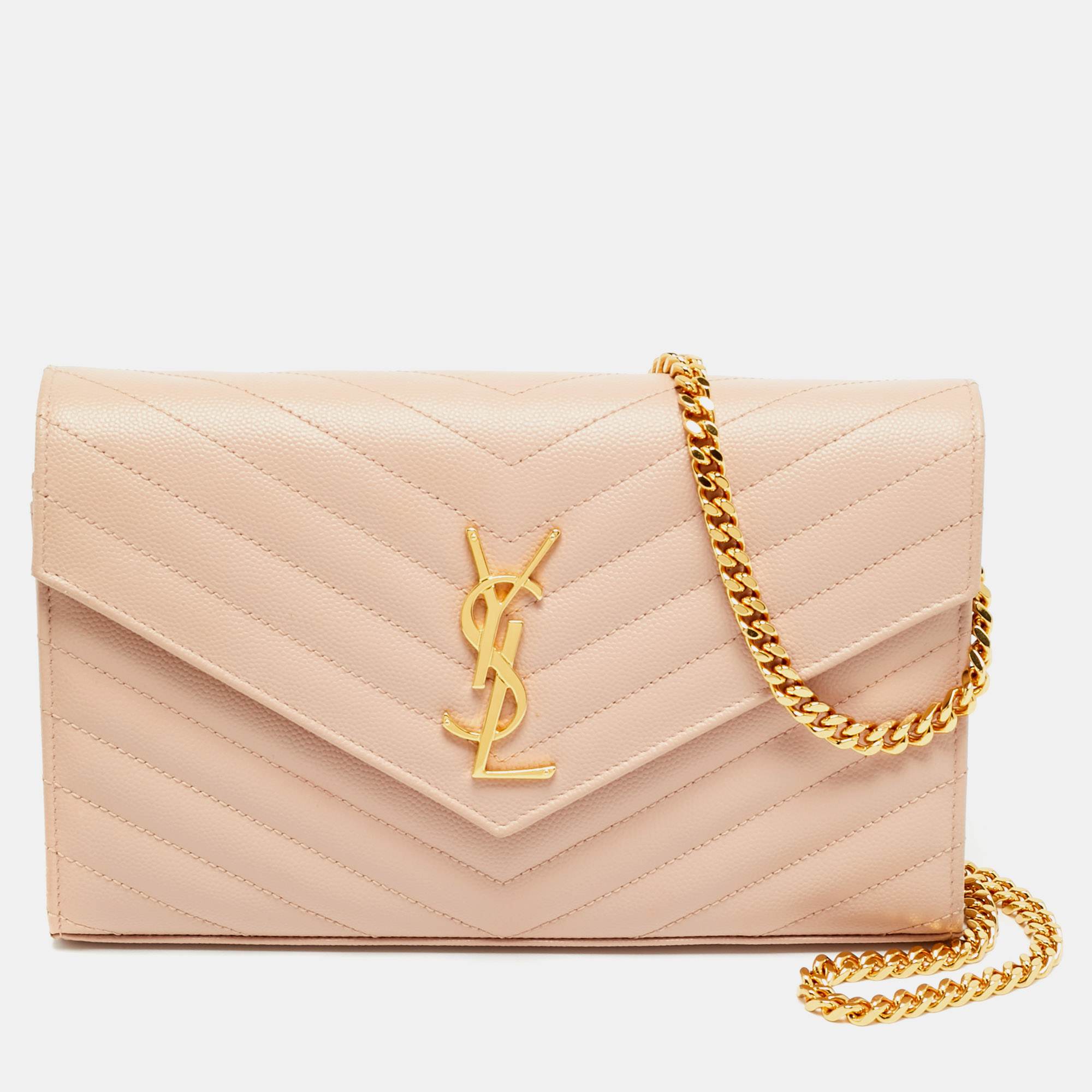 

Saint Laurent Cassandre Pink Matelassé Leather Wallet on Chain