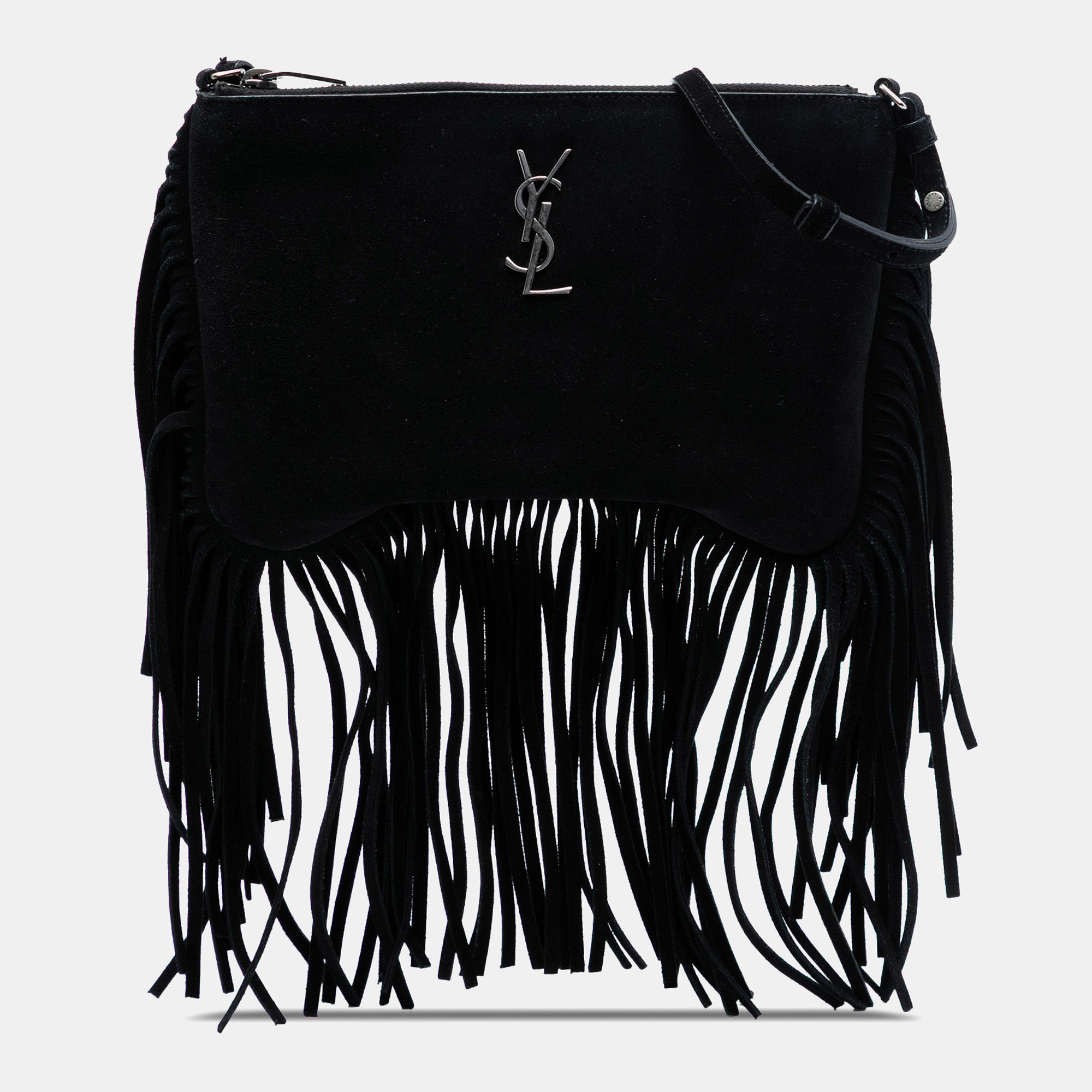 

Saint Laurent Paris Black Suede Monogram Fringe Crossbody