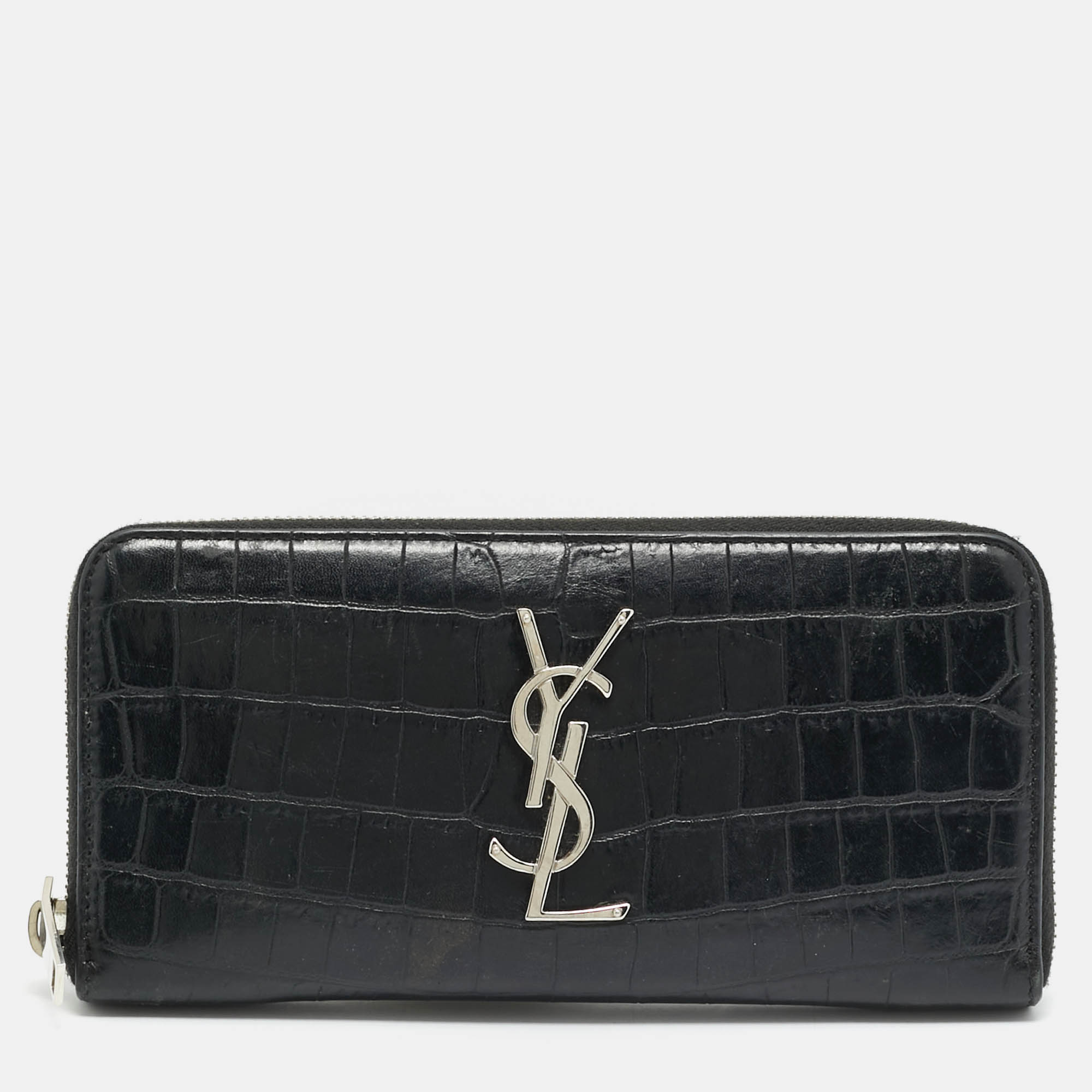 

Saint Laurent Cassandre Black Croc Embossed Leather Zip Around Wallet