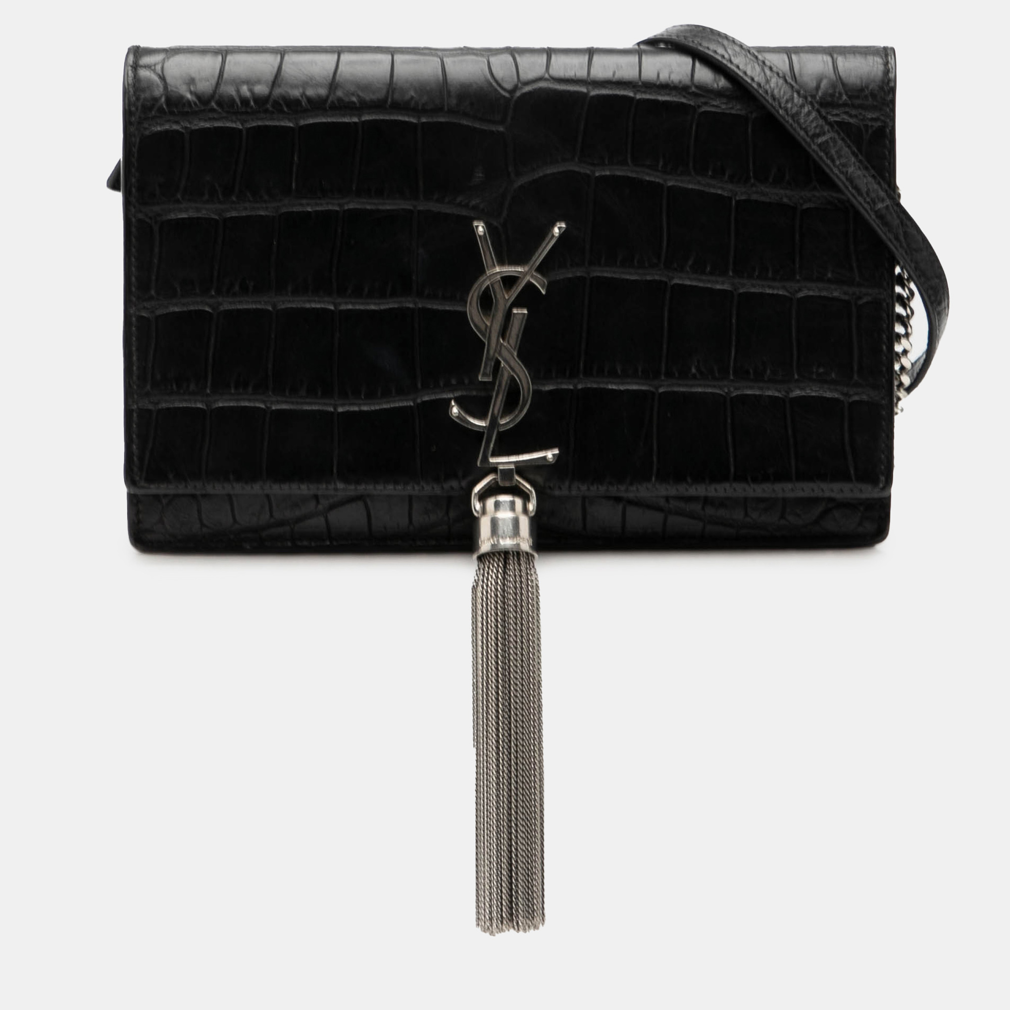 

Saint Laurent Paris Black Croc Embossed Leather Monogram Kate Tassel Wallet on Chain
