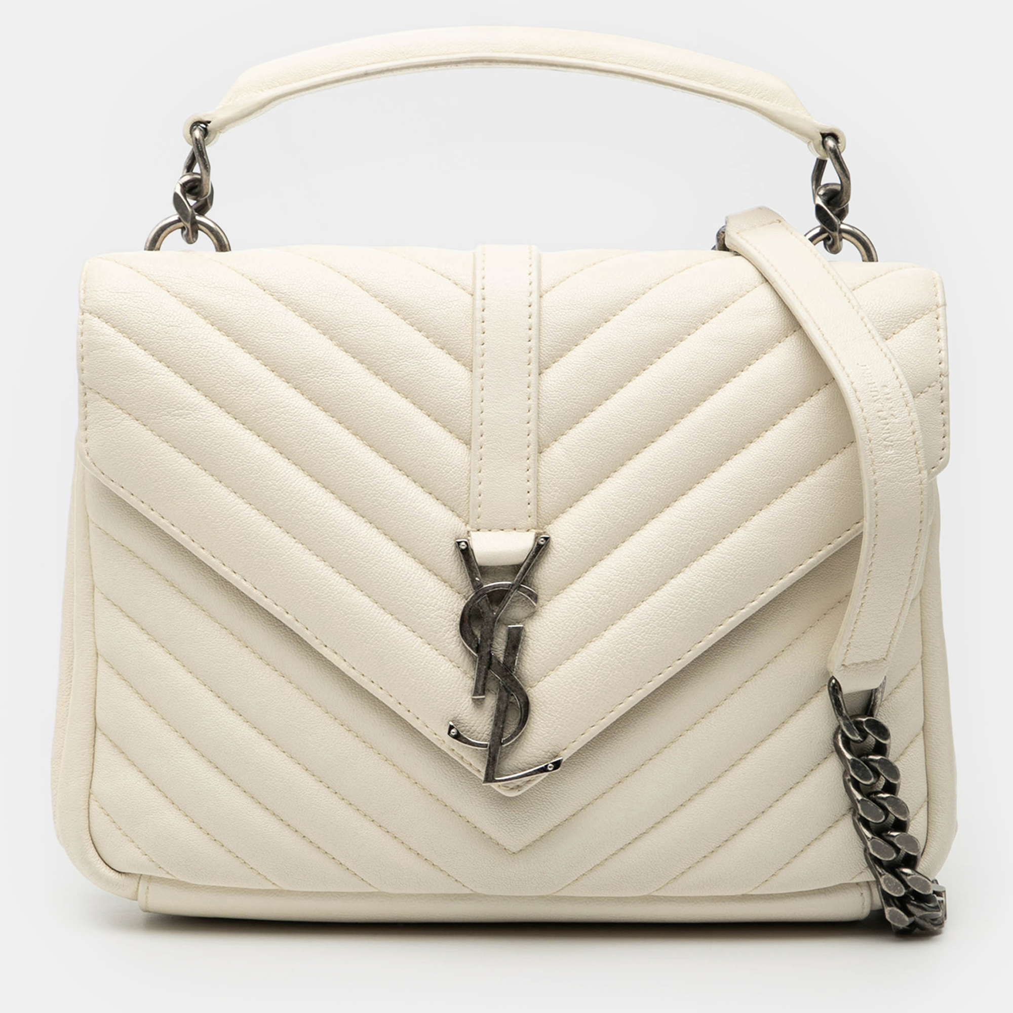 

Saint Laurent Paris White Medium Chevron Sheepskin Monogram College Satchel