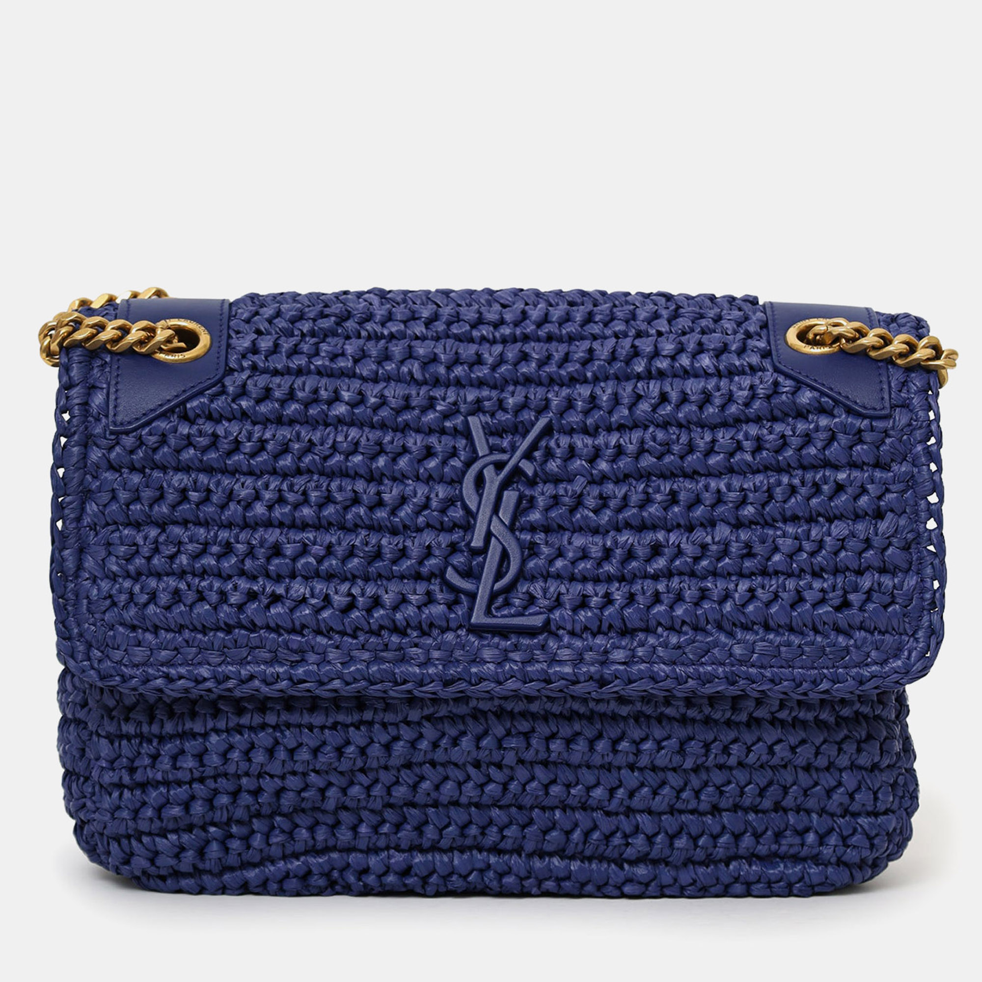 

Saint Laurent Blue Raffia Niki Medium Shoulder Bag