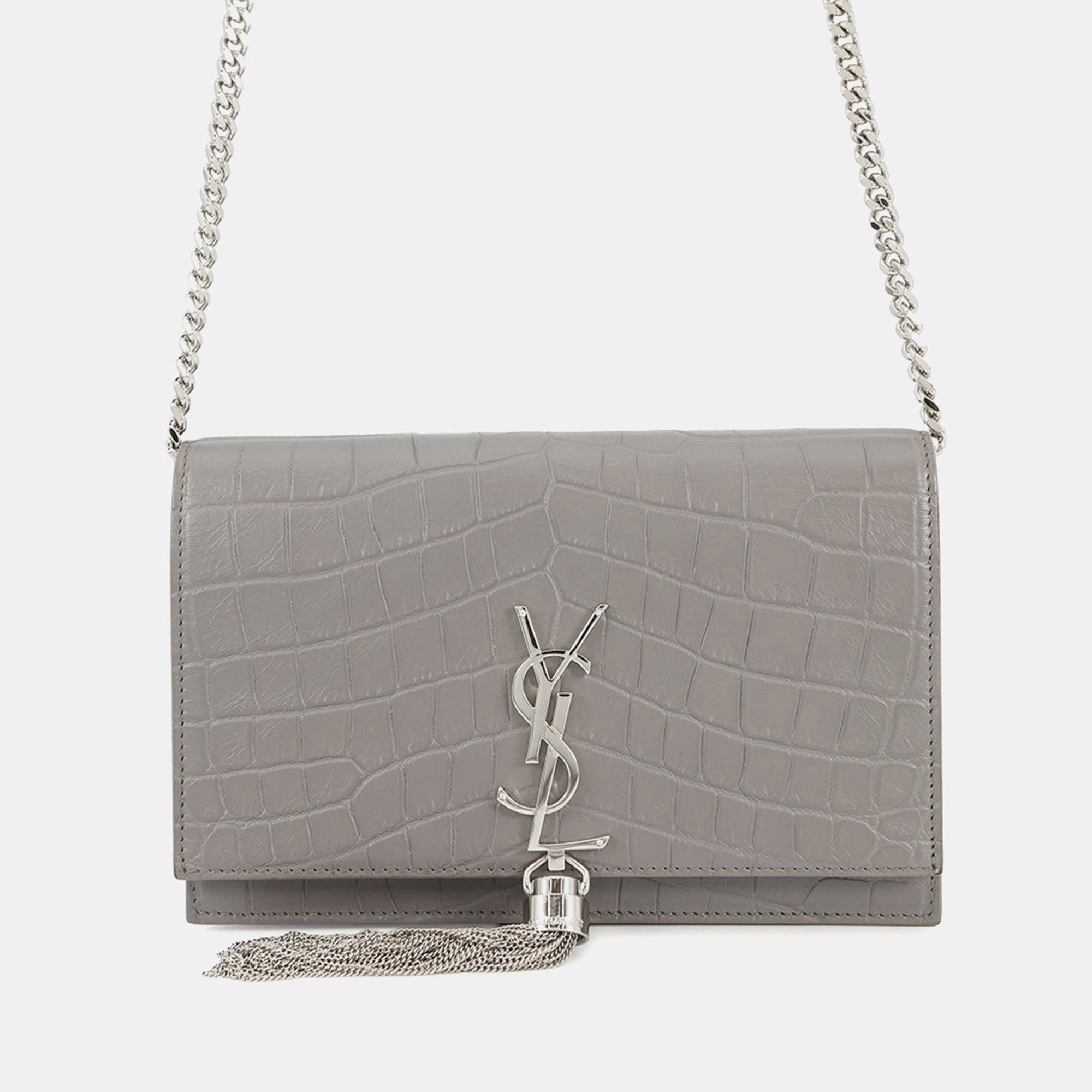 

Saint Laurent Paris Kate Chain Wallet Gray Croco Embossed Leather, Grey