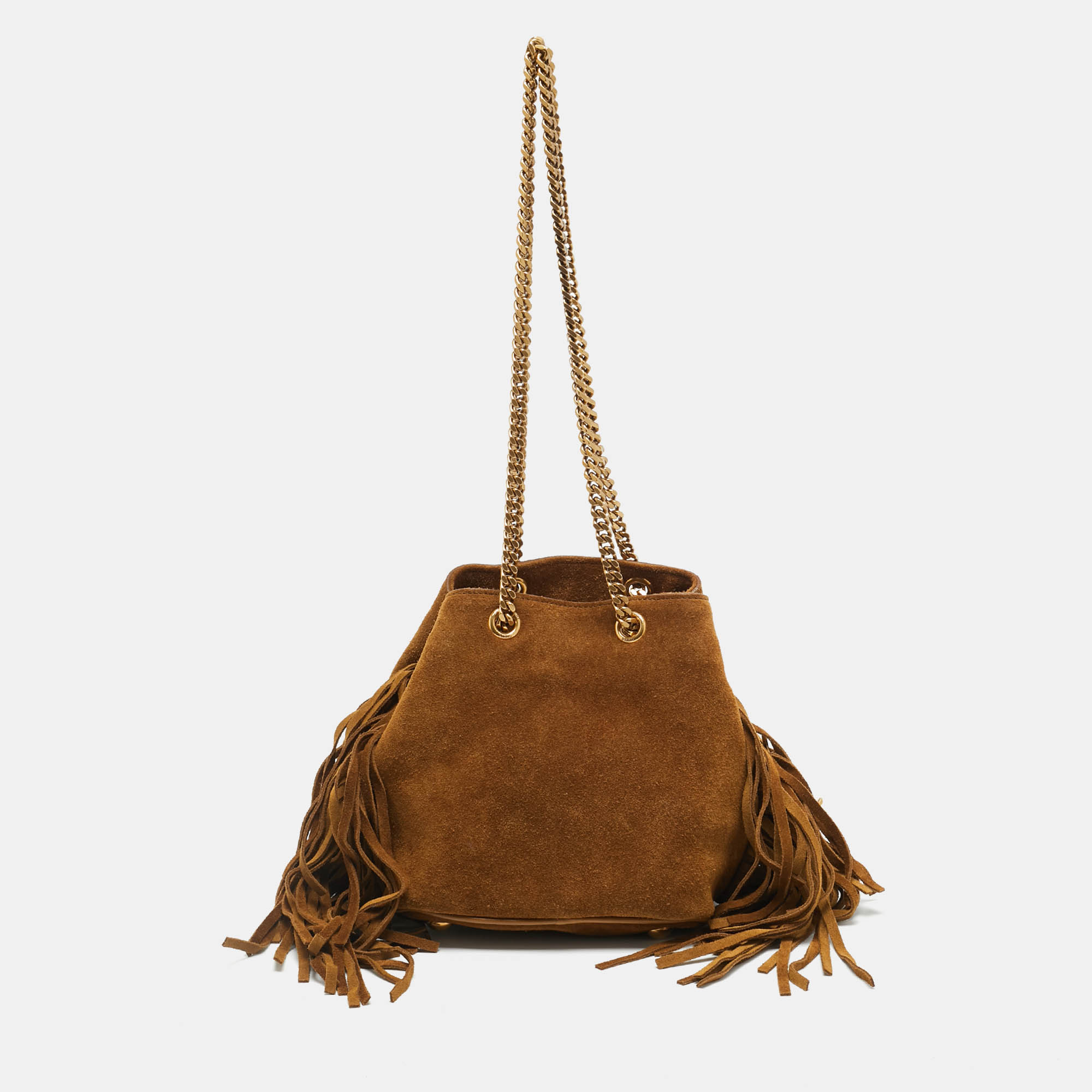 

Saint Laurent Emmanuelle Fringe Chain Brown Suede Bucket Bag