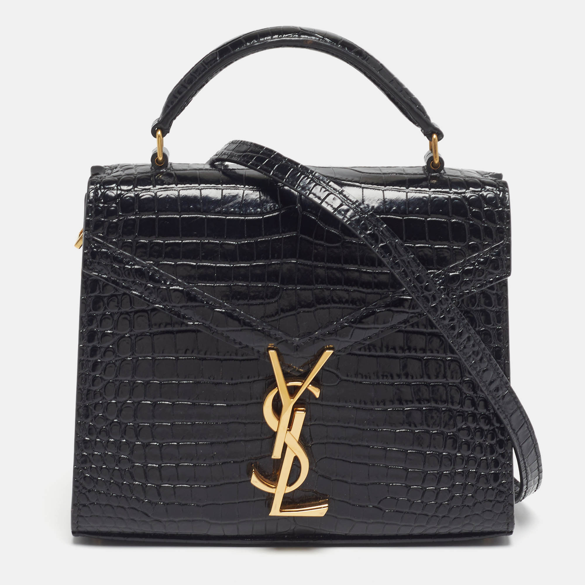 

Saint Laurent Cassandra Mini Black Croc Embossed Leather Top Handle Bag