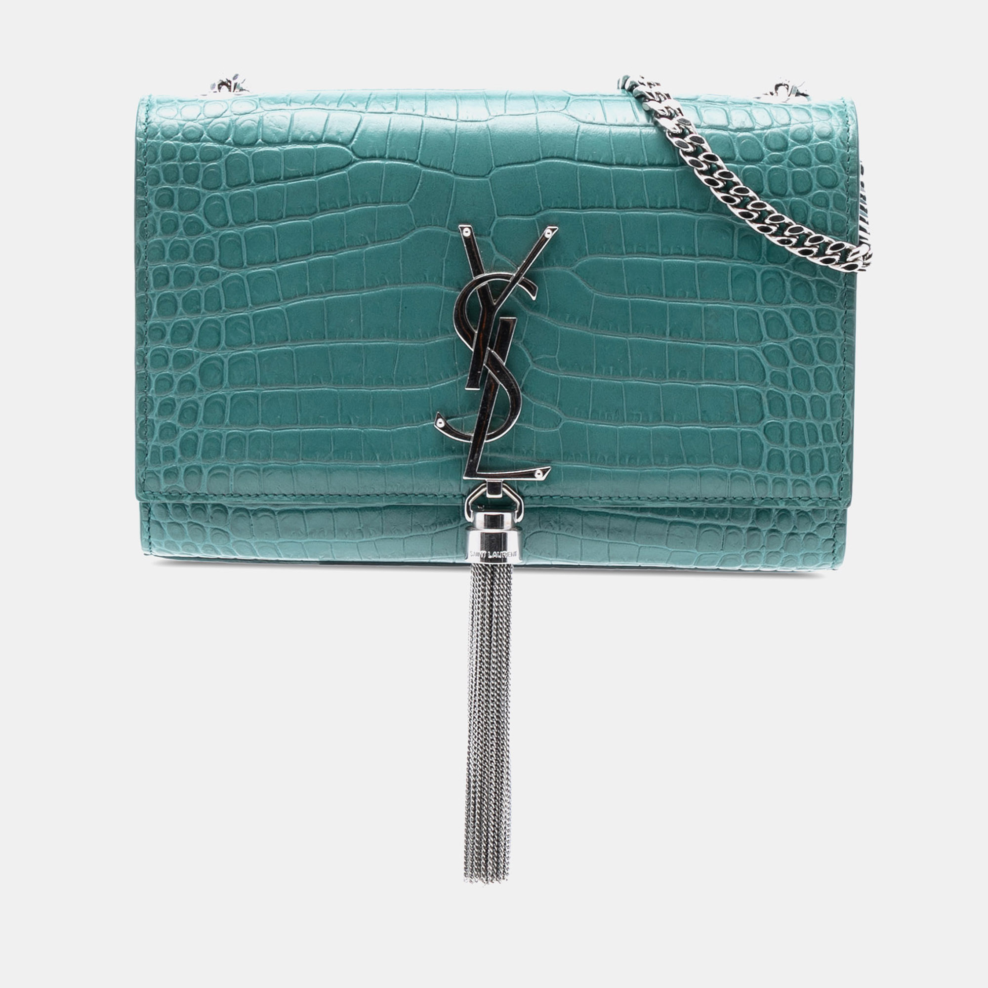 

Saint Laurent Paris Blue Small Croc Embossed Leather Monogram Kate Tassel Crossbody