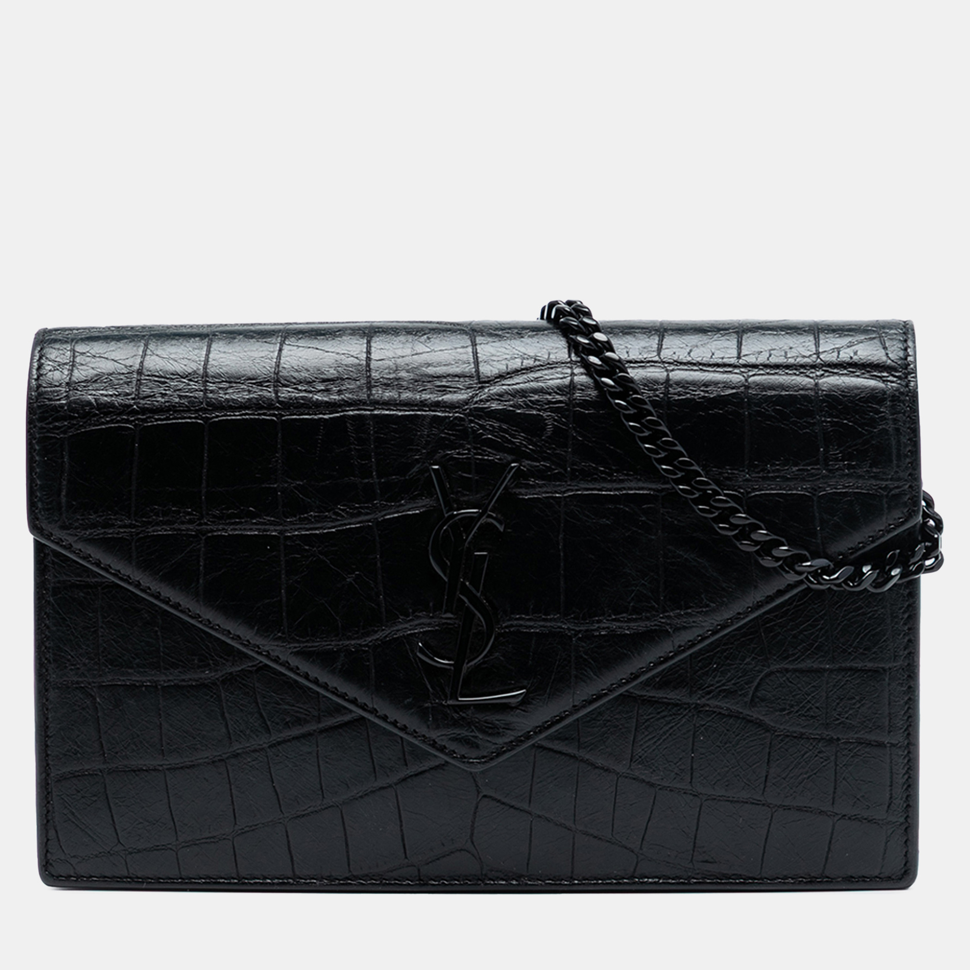 

Saint Laurent Paris Black Croc Embossed Leather Monogram Monochrome Envelope Chain Wallet