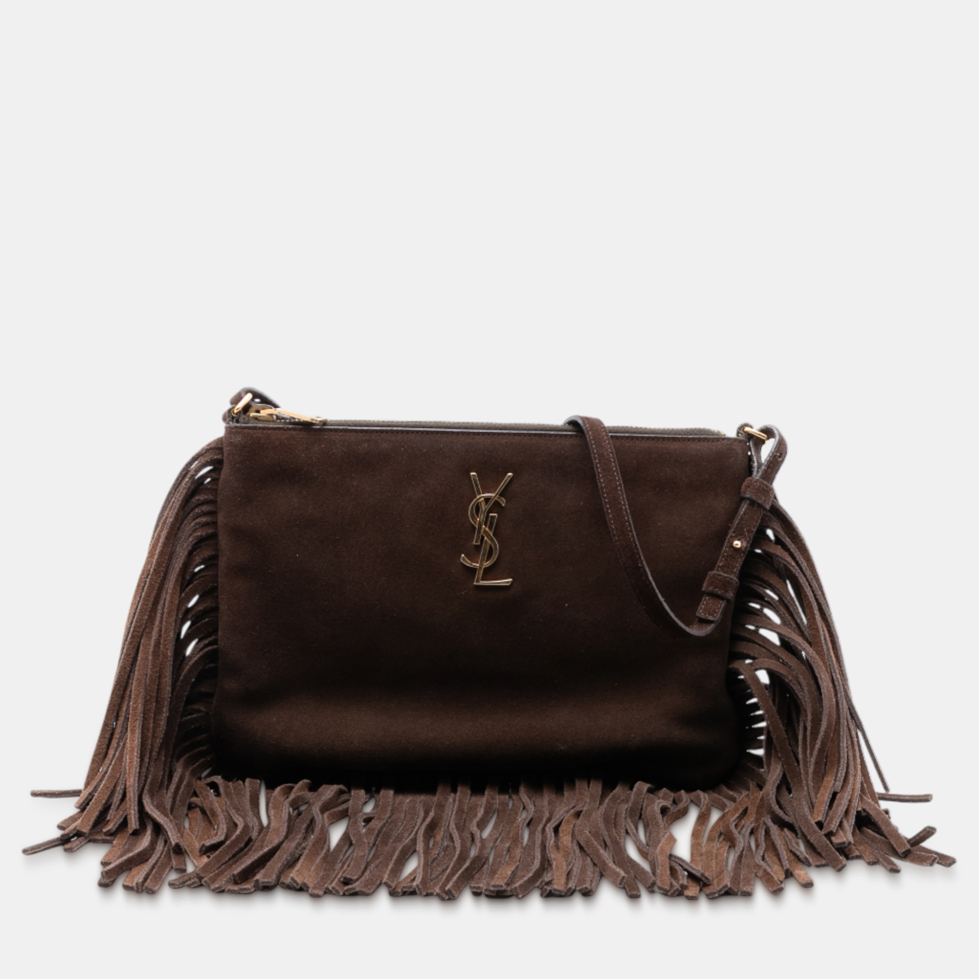 

Saint Laurent Paris Brown Suede Monogram Fringe Crossbody