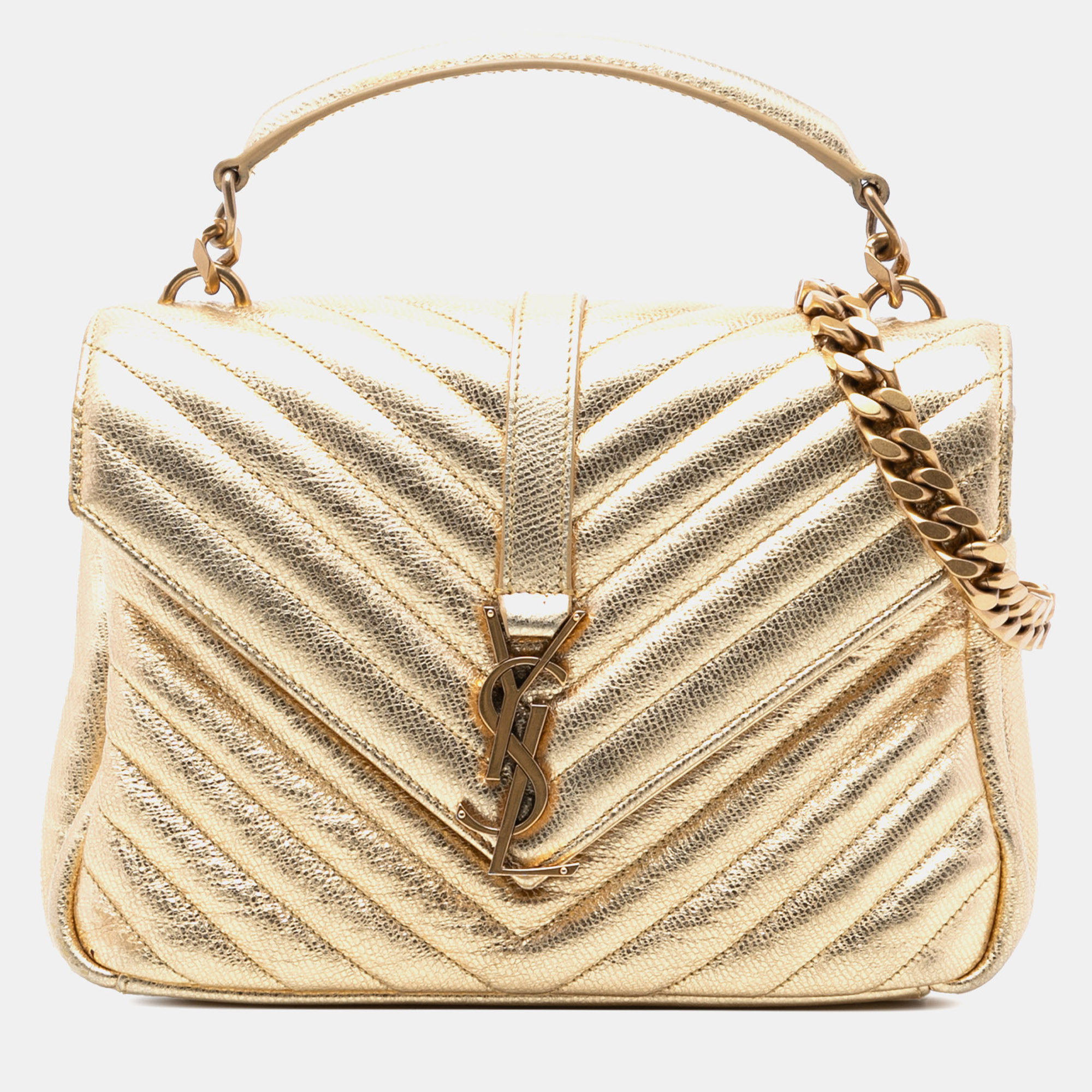

Saint Laurent Paris Gold Medium Metallic Calfskin Chevron Monogram College Bag