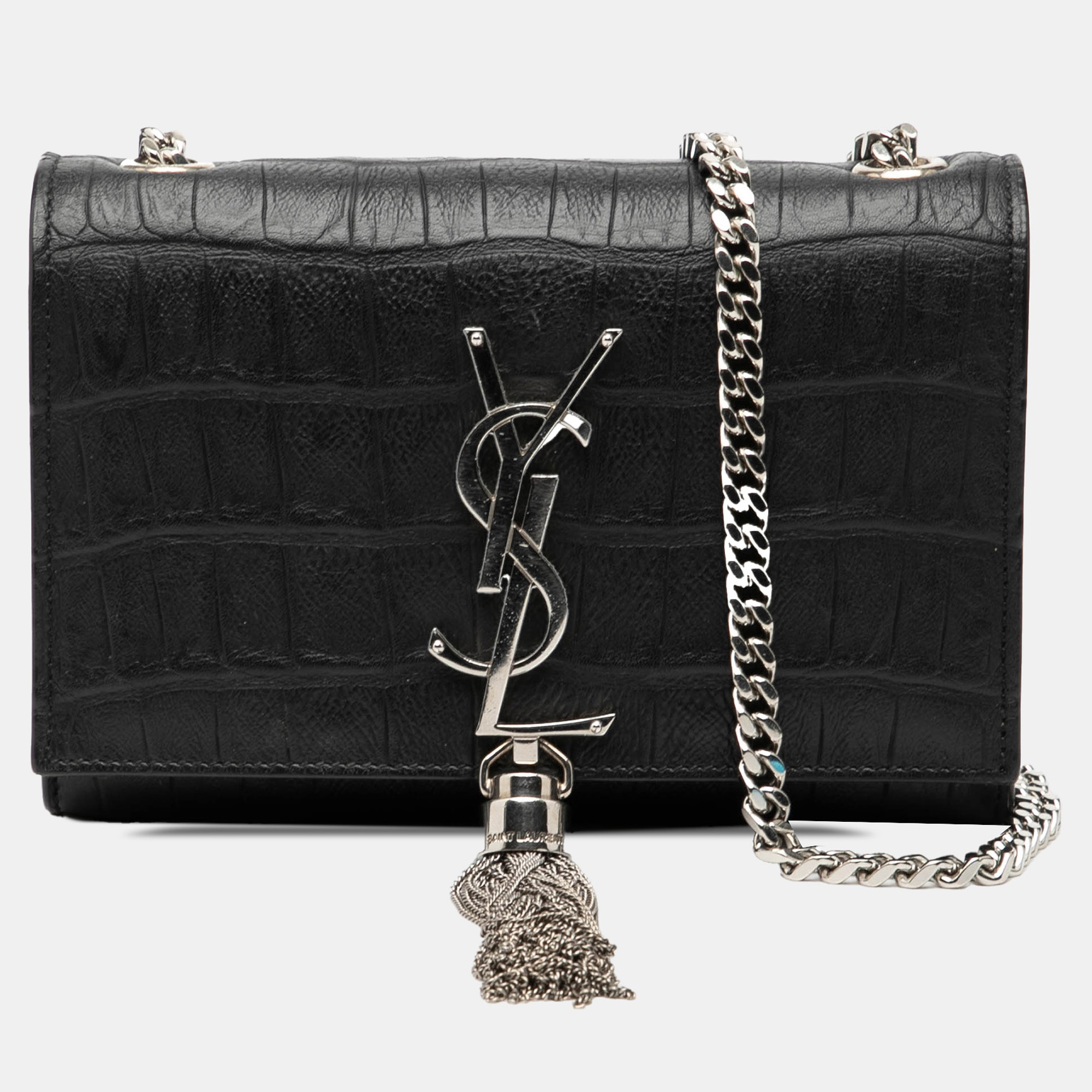 

Saint Laurent Paris Black Small Croc Embossed Leather Monogram Kate Tassel Crossbody