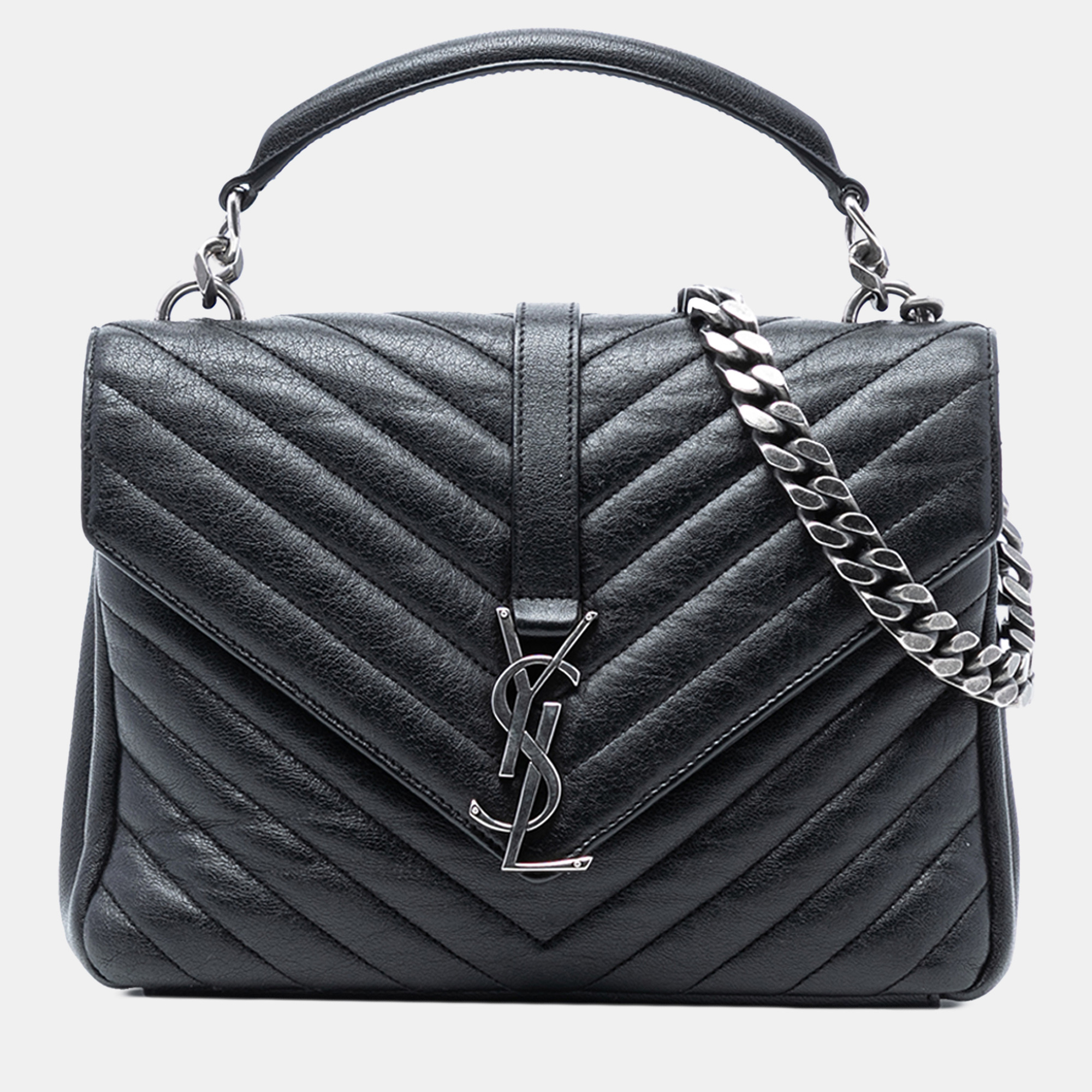 

Saint Laurent Paris Black Medium Chevron Sheepskin Monogram College Satchel