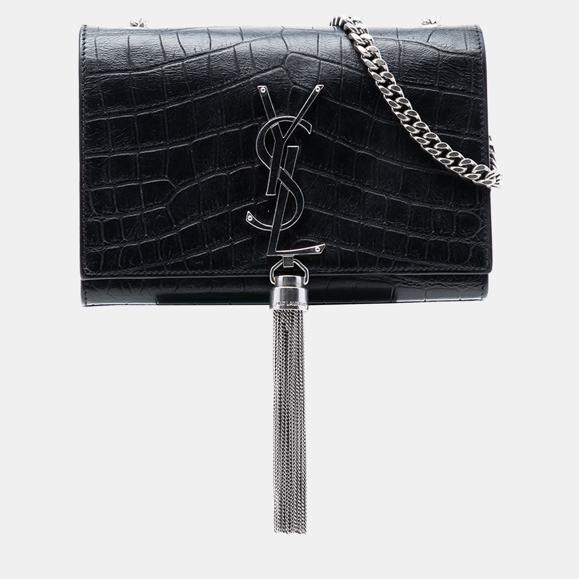 

Saint Laurent Paris Black Small Croc Embossed Leather Monogram Kate Tassel Crossbody
