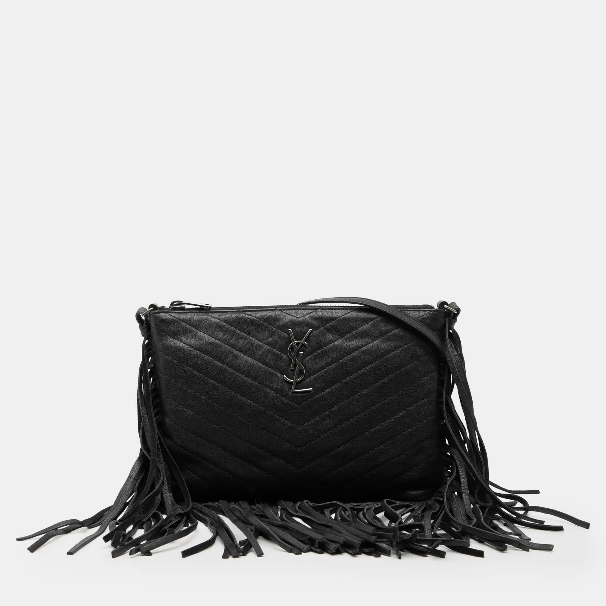 

Saint Laurent Paris Black Chevron Sheepskin Monogram Fringe Crossbody