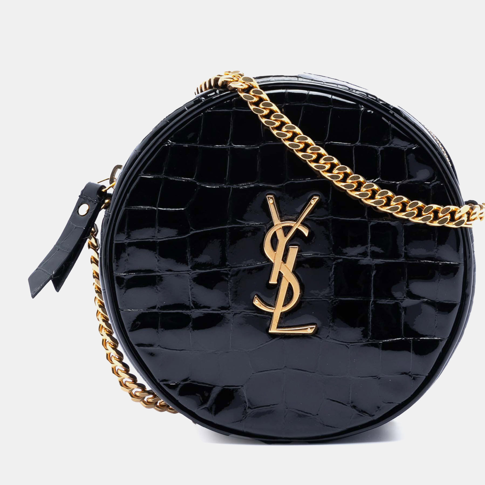 

Saint Laurent Paris Black Croc Embossed Patent Round Vinyle Camera Bag