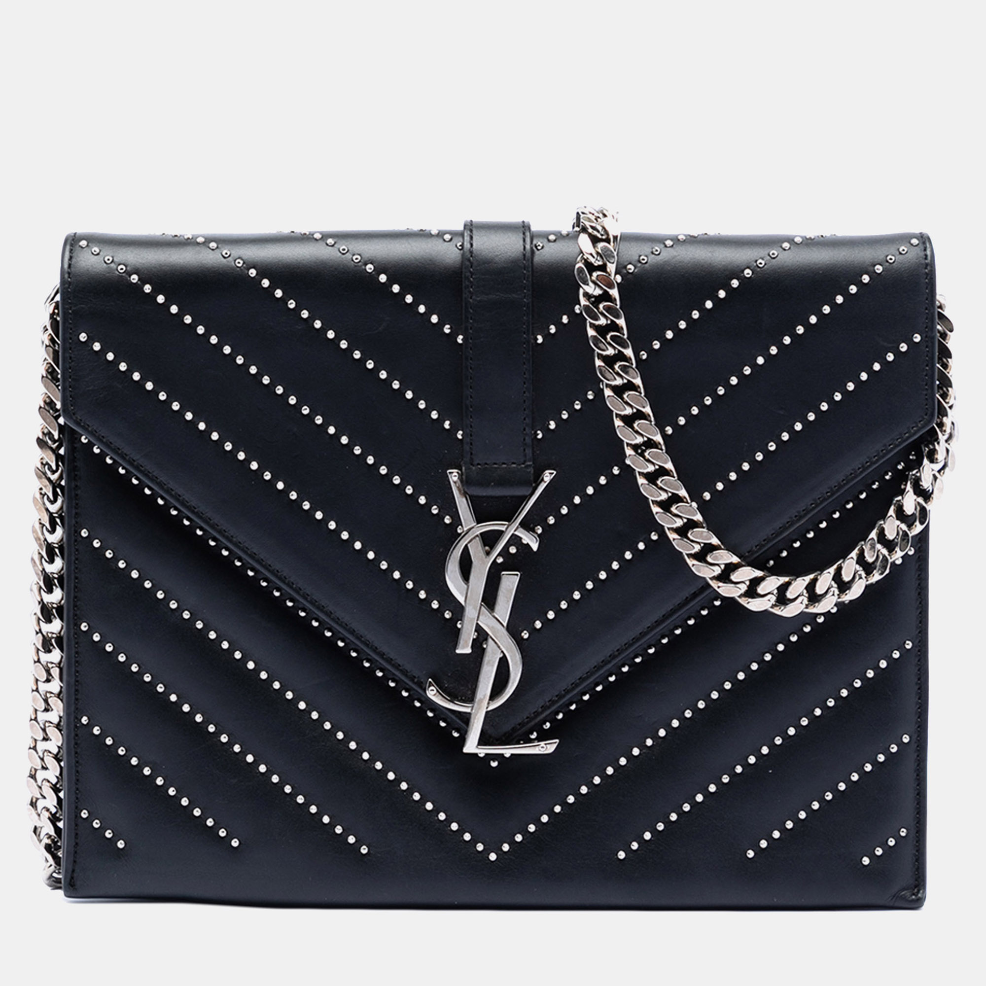 

Saint Laurent Paris Black Studded Chevron Calfskin Monogram Envelope Chain Flap