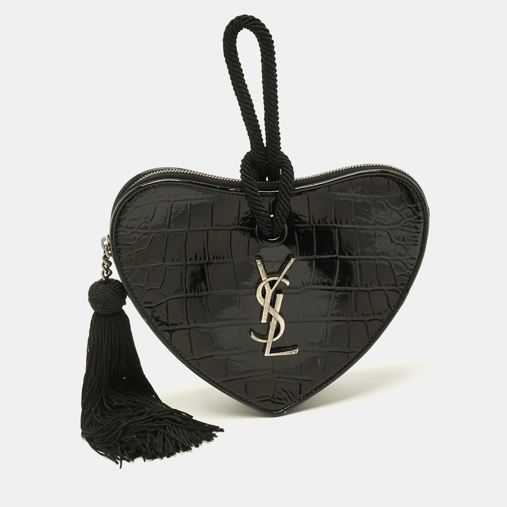 

Saint Laurent Heart Tassel Black Croc Embossed Patent Leather Clutch