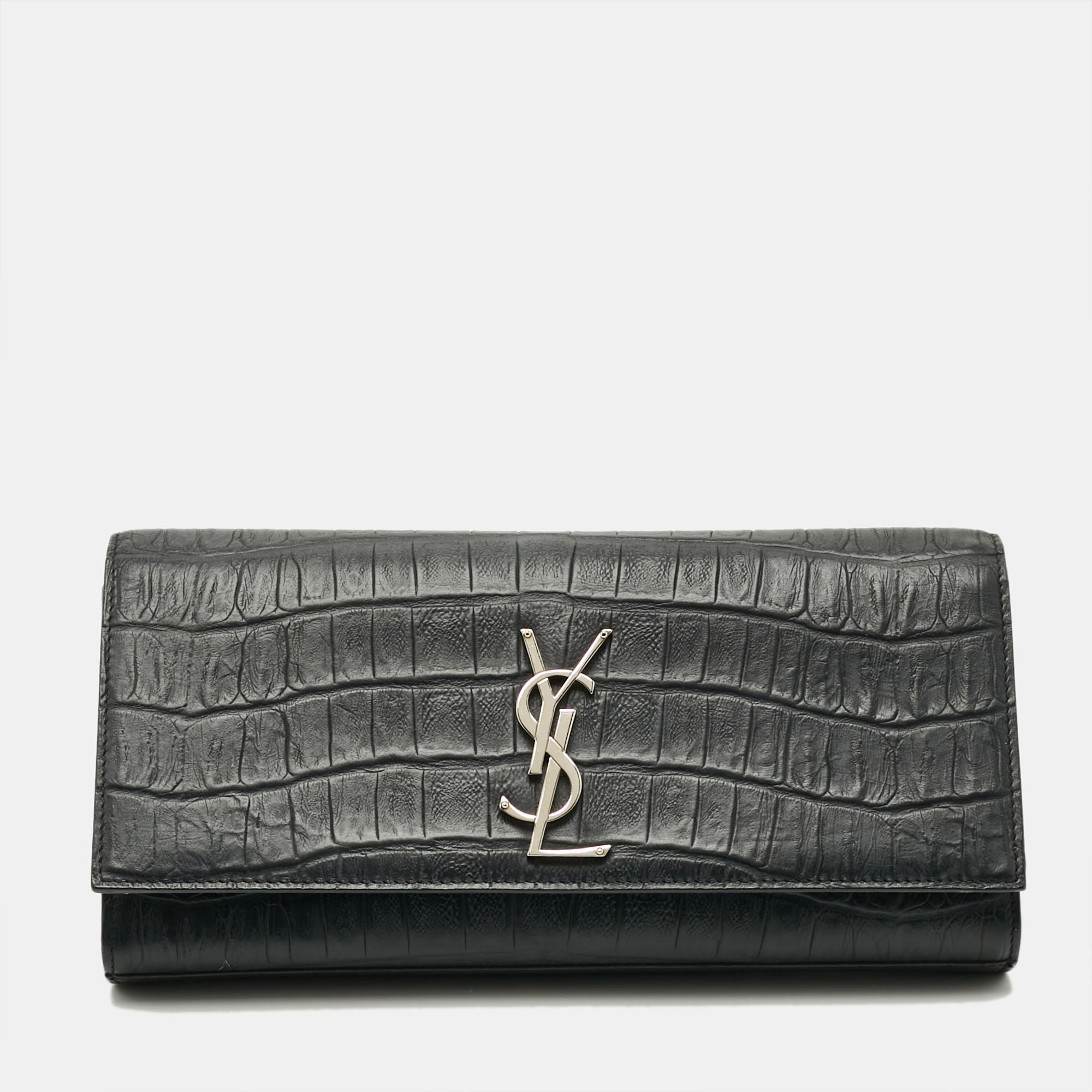 

Saint Laurent Cassandre Black Croc Embossed Leather Clutch