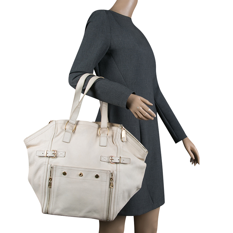 

Saint Laurent Paris Off White Leather Medium Downtown Tote, Cream