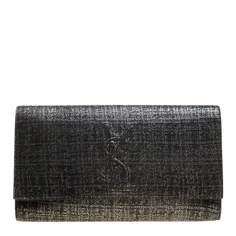مملوكة مسبقًا Saint Laurent Silver/Black Shimmering Canvas Belle De Jour Clutch