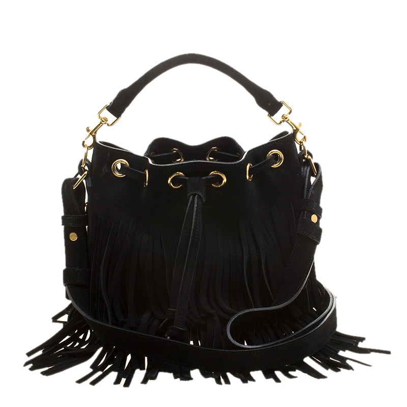 Saint Laurent Paris Black Suede Small Emmanuelle Fringed Bucket Bag ...