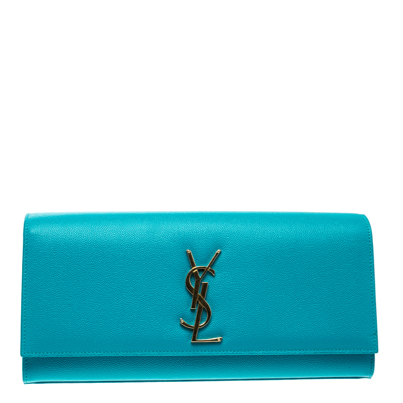 Pre Owned Saint Laurent Turquoise Leather Cassandre Clutch