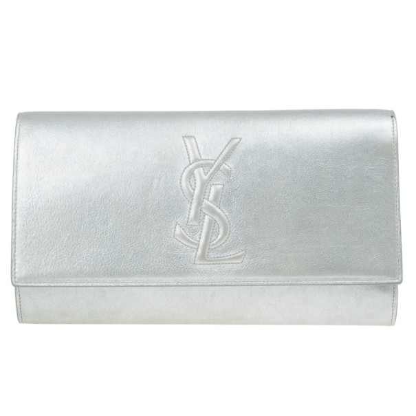 Pre Owned Saint Laurent Paris Silver Leather Foldover Clutch