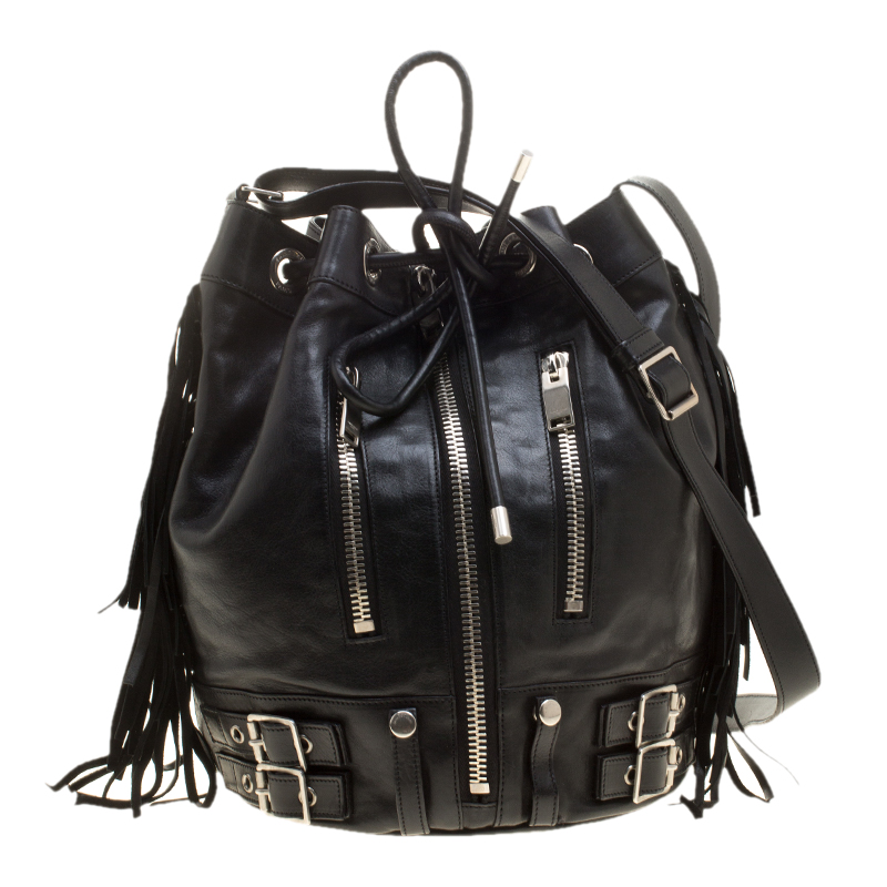 Saint Laurent Black Leather Rider Bucket Bag 