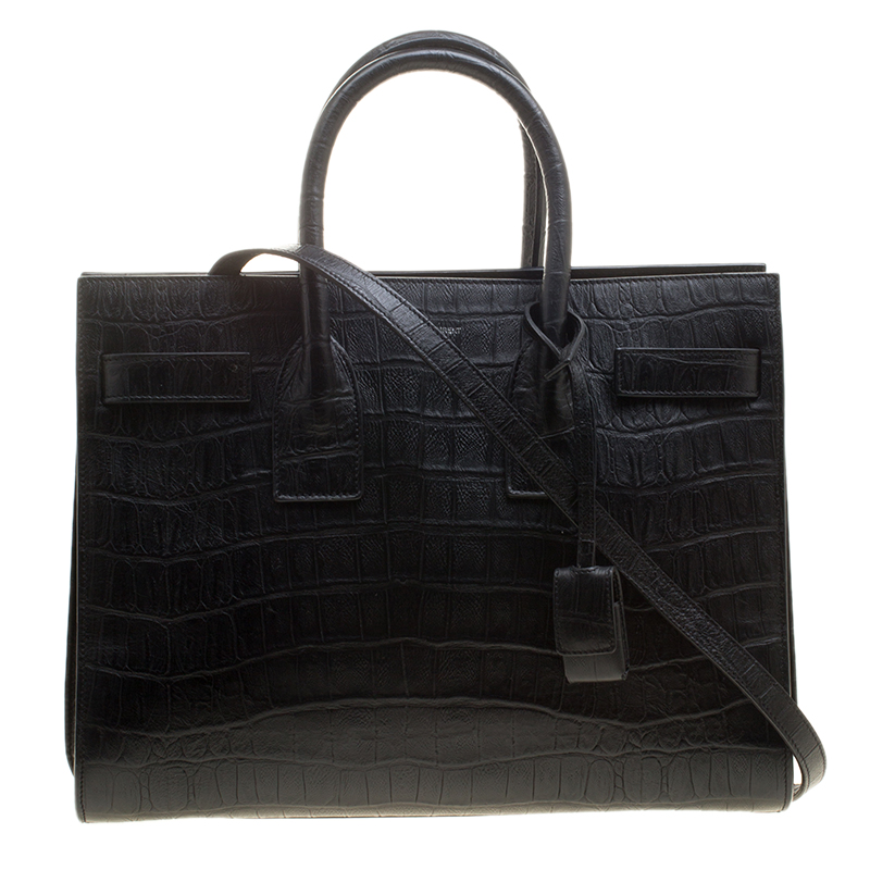 مملوكة مسبقًا حقيبة يد سان لوران باريس ساك دو جور كلاسيك صغيرة جلد نقش تمساح رصاصية