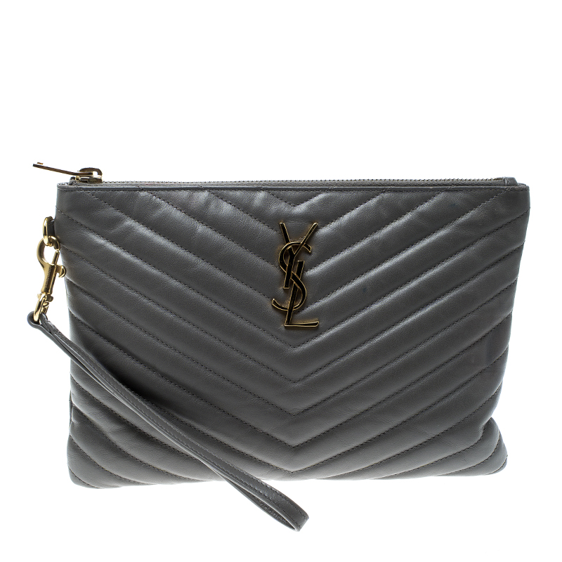 Pre Owned حقيبة كلتش سان لوران حمالة معصم مونوغرامية جلد مبطنة رمادية