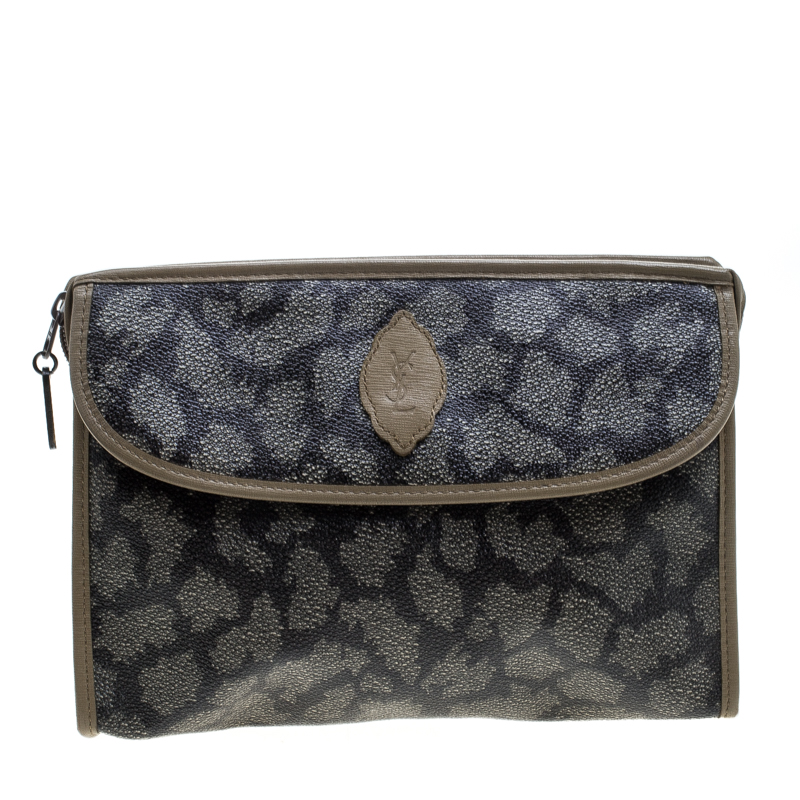 Pre Owned Saint Laurent Beige/Brown Printed Coated Canvas Cosmetic Pouch