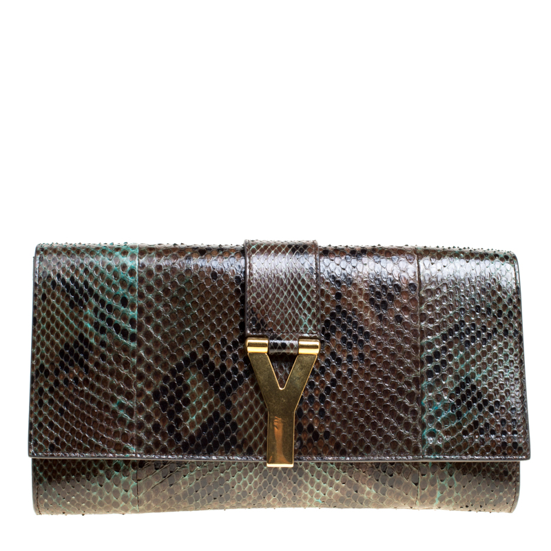 Pre Owned Saint Laurent Khaki Python Large Chyc Clutch